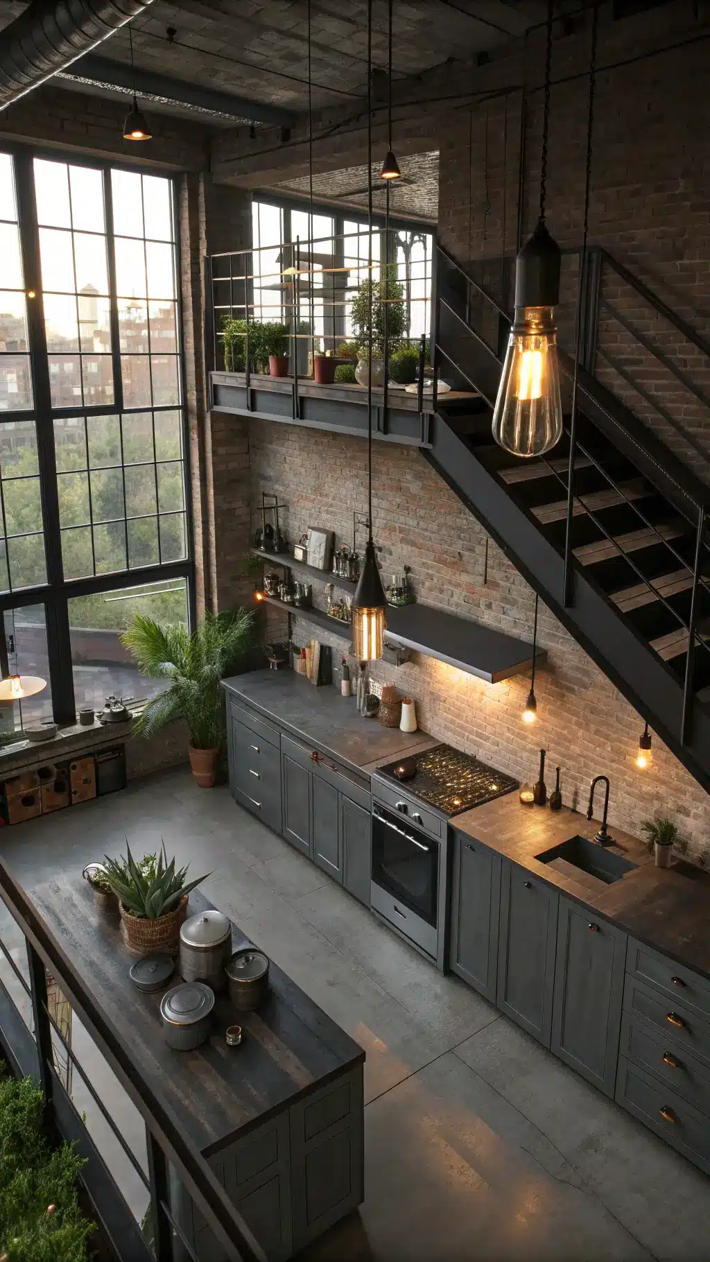 Overhead view of a 16'x18' industrial loft kitchen with exposed brick, charcoal gray cabinets, concrete countertops, and factory windows allowing evening light in. Decor includes vintage metal containers, dark wood cutting boards, potted succulents, and an Edison bulb chandelier casting a warm glow.