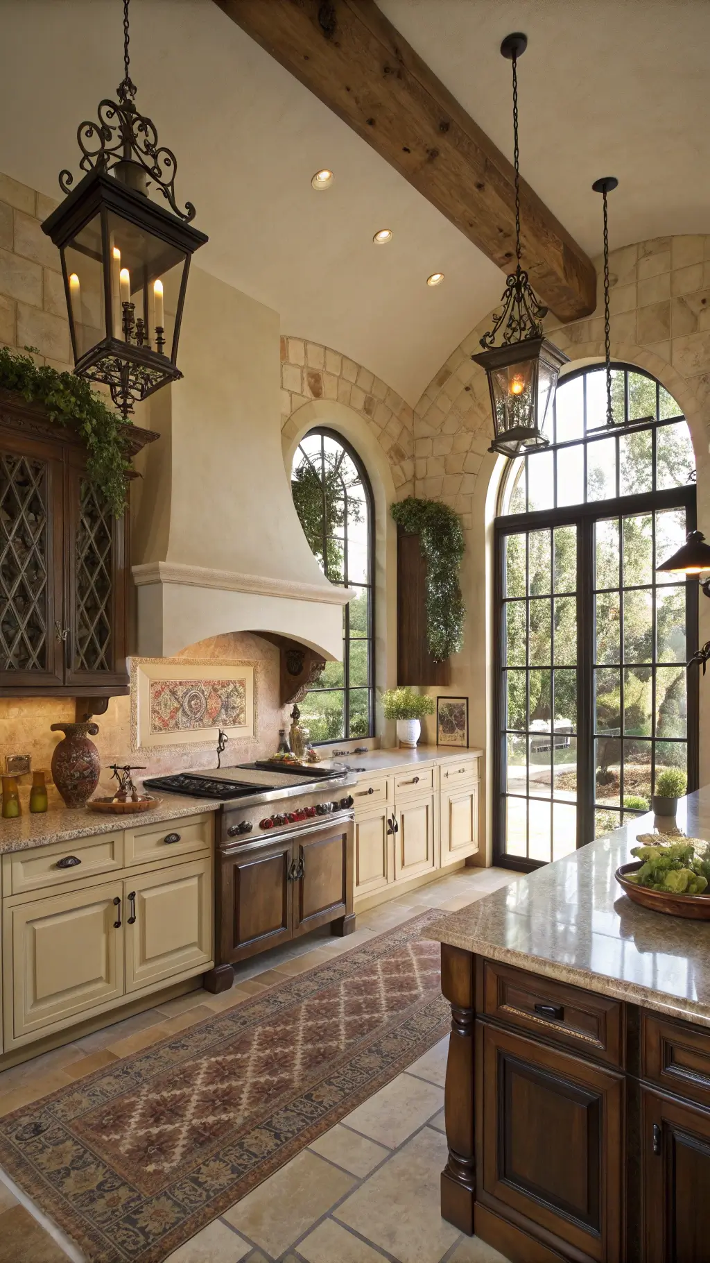 Mediterranean kitchen showcasing arched doorways, terra cotta lower cabinets, cream upper cabinets, iron windows with morning light, ornate bronze hardware, hand-painted tile backsplash, wrought iron pendant lights, styled with olive branches, ceramic pitchers, and woven table runner.