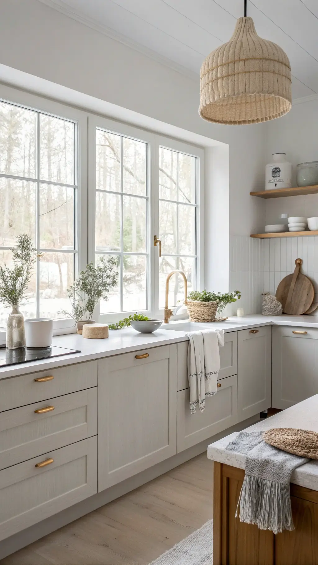 Scandinavian kitchen with pale gray cabinets and white oak accents, brightly lit by soft daylight through frosted windows and symmetrically styled with birch vessels, linen textiles, and minimal ceramics.