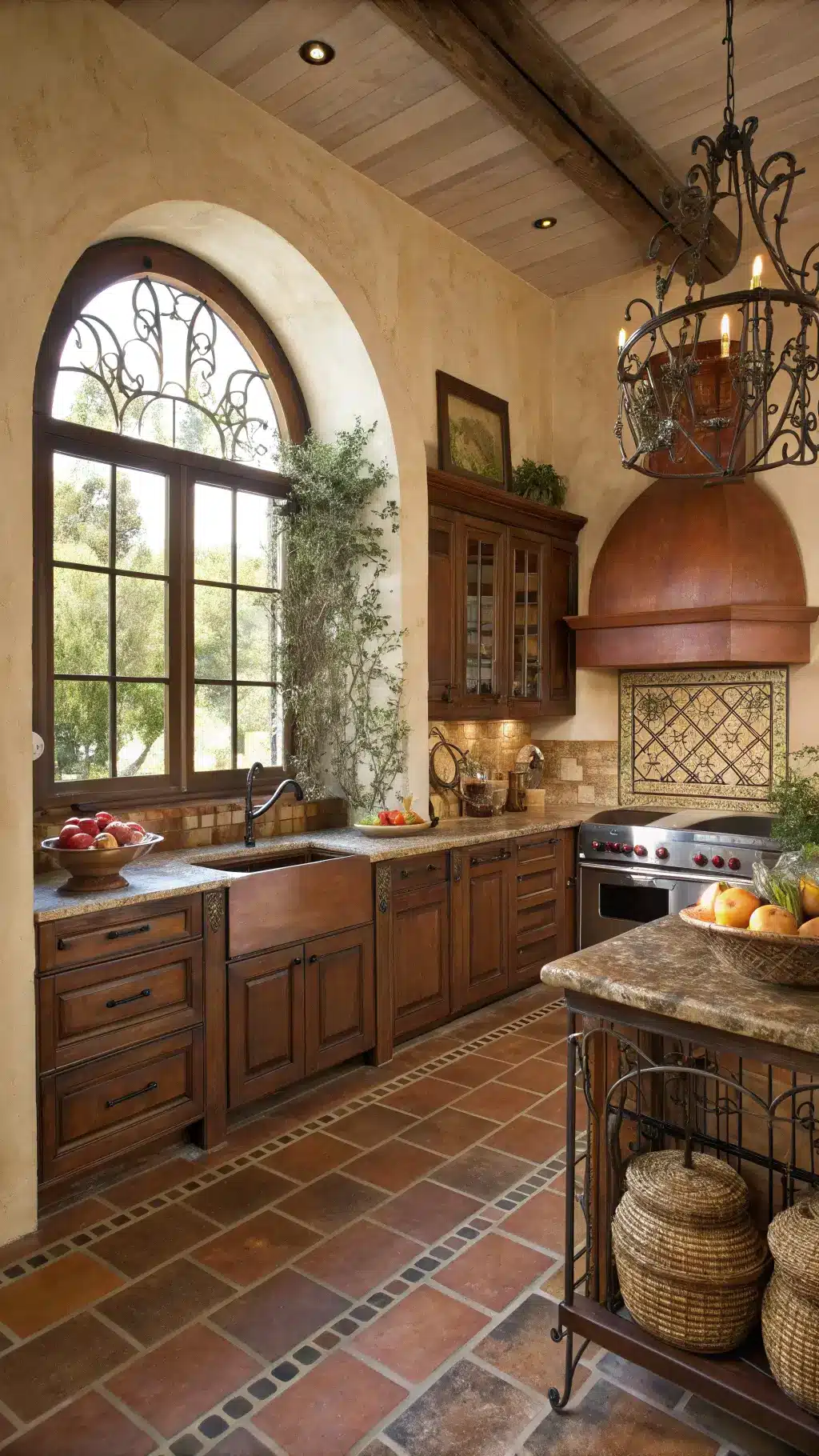 Mediterranean kitchen featuring distressed cherry cabinets, archways, iron windows, terracotta floors, hand-painted tiles, a copper range hood, and styled with olive branches, pottery, and woven baskets in warm afternoon light.