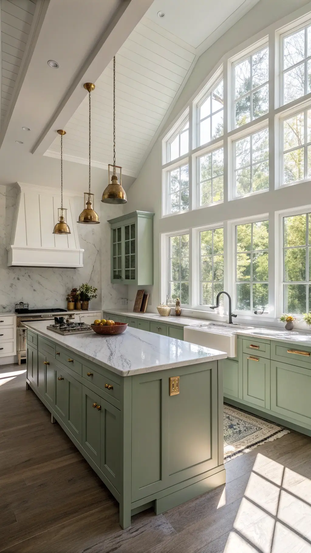 Sunny, spacious kitchen with sage green cabinets, white walls, Carrara marble countertops, brass hardware, and a large island with butcher block top, shot from a low angle showcasing the high ceilings and architectural details, lit by morning light and modern brass pendants.