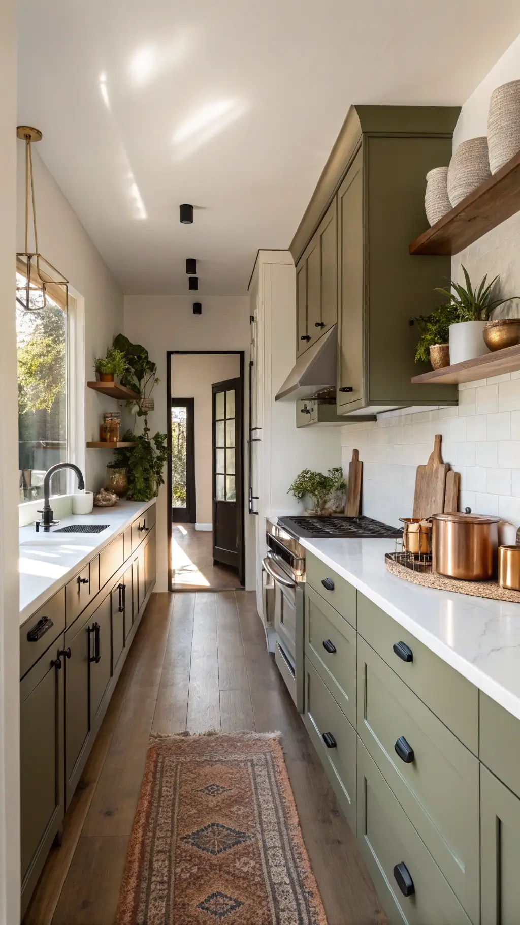 Cozy galley kitchen with olive green cabinets, white quartz countertops, matte black hardware, styled with copper cookware and plants, bathed in golden hour light