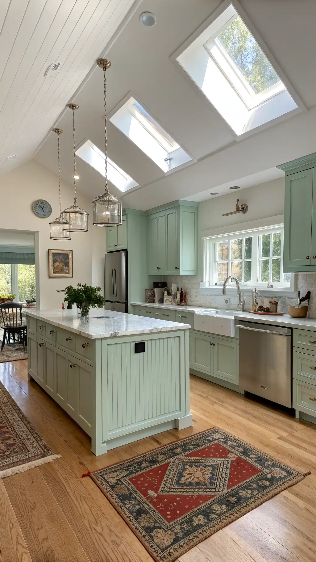 Aerial view of a spacious 14x16ft open-concept kitchen with mint green beadboard cabinets, cathedral ceiling, skylights, chrome and nickel finishings, a white marble waterfall island, and a vintage runner on light oak floors.