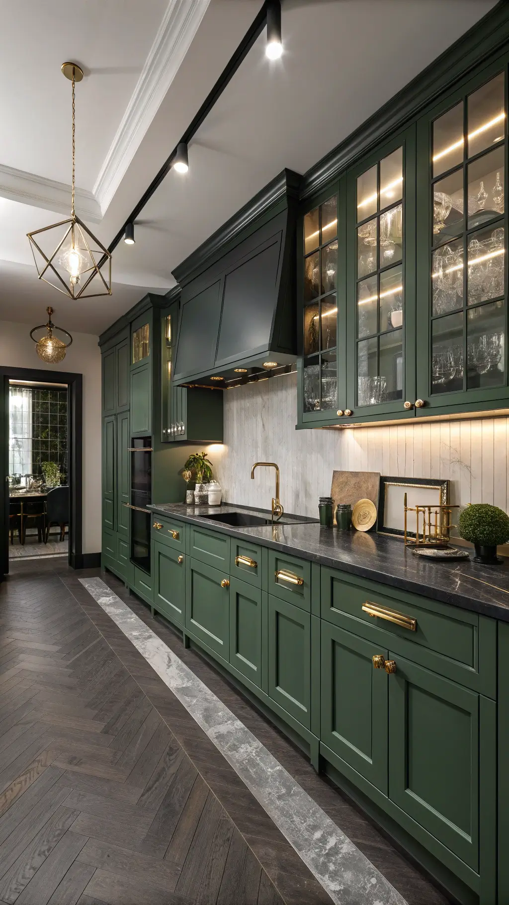 Modern and dramatic 16x20ft chef's kitchen with tall forest green cabinets, black soapstone counters, brass fixtures, and accent lighting creating a moody atmosphere, styled with ceramics and glass vessels.