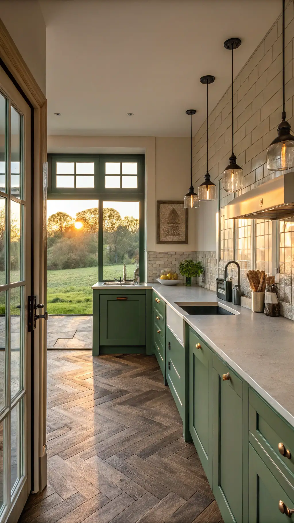 Modern farmhouse kitchen with sage and forest green cabinets, concrete counters, and industrial pendants illuminated by warm, golden hour sunlight