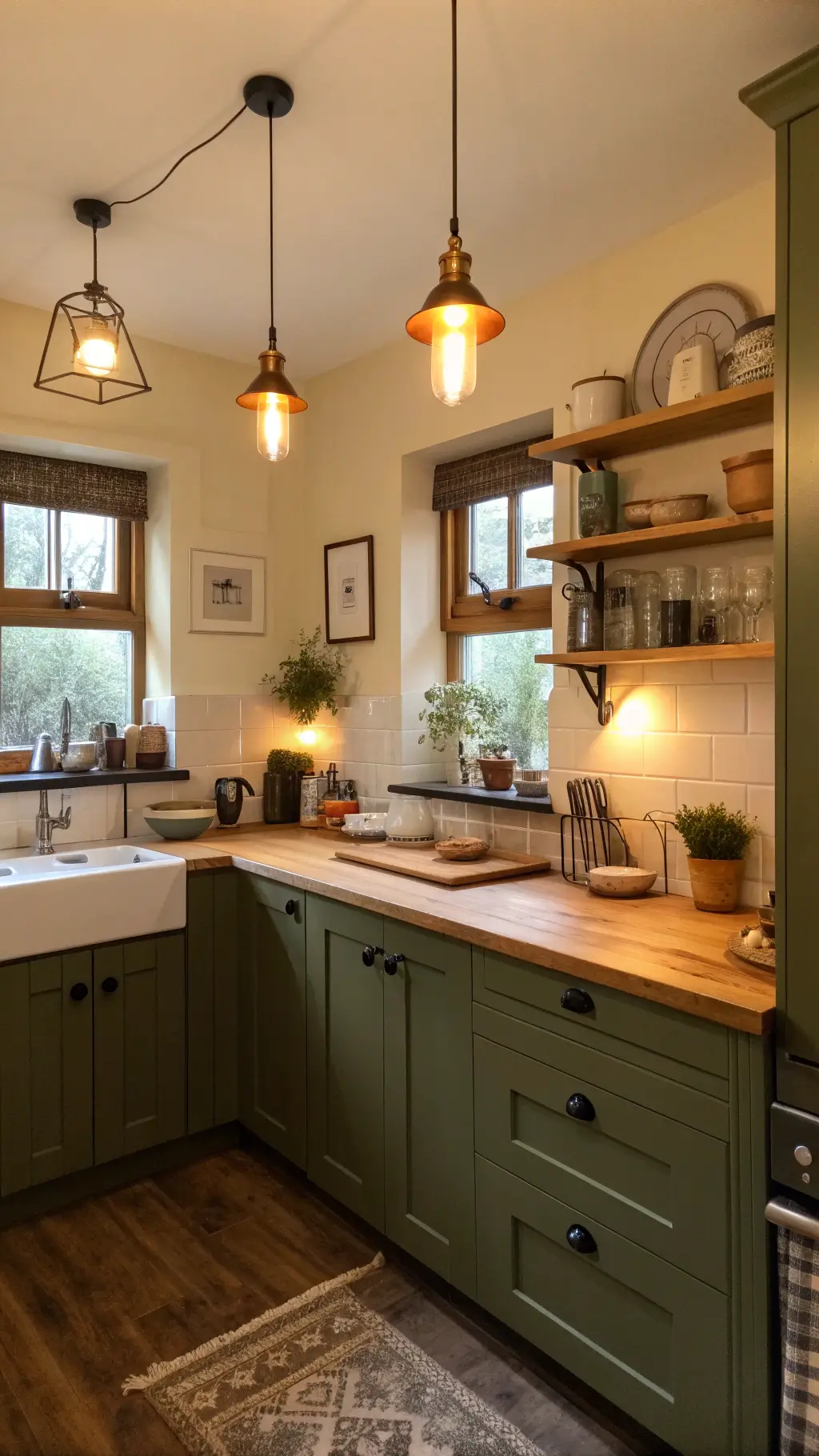 Small 8x10ft kitchen nook with olive green cabinets, cream walls, butcher block counters decorated with vintage breadboards and pottery, illuminated by pendant lights and warm artificial lighting