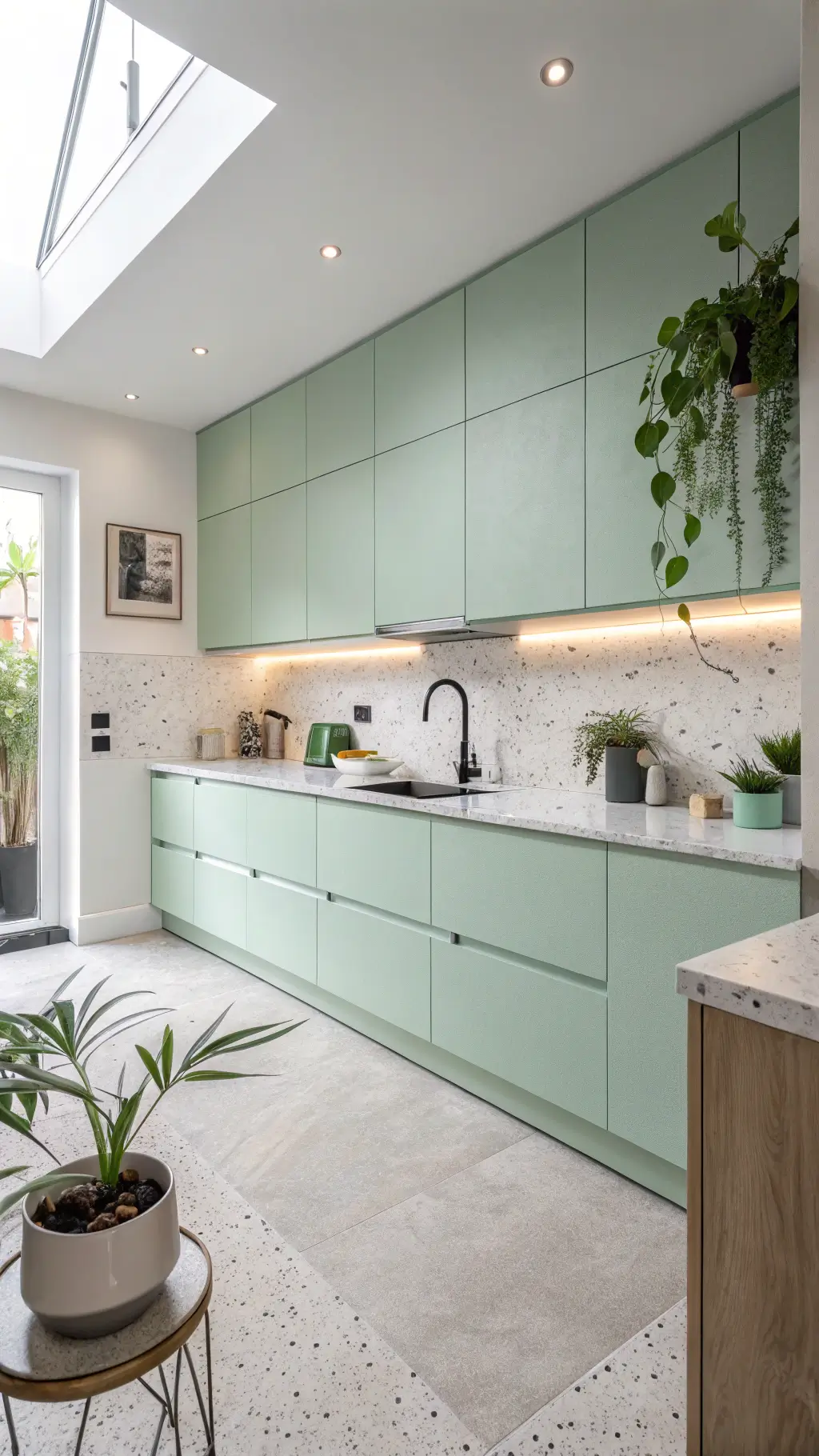 Bird's eye view of a contemporary 15x18ft kitchen with mint green handleless cabinets, integrated lighting, white terrazzo counters and minimal styling with geometric vessels and sculptural plants in cool morning light.