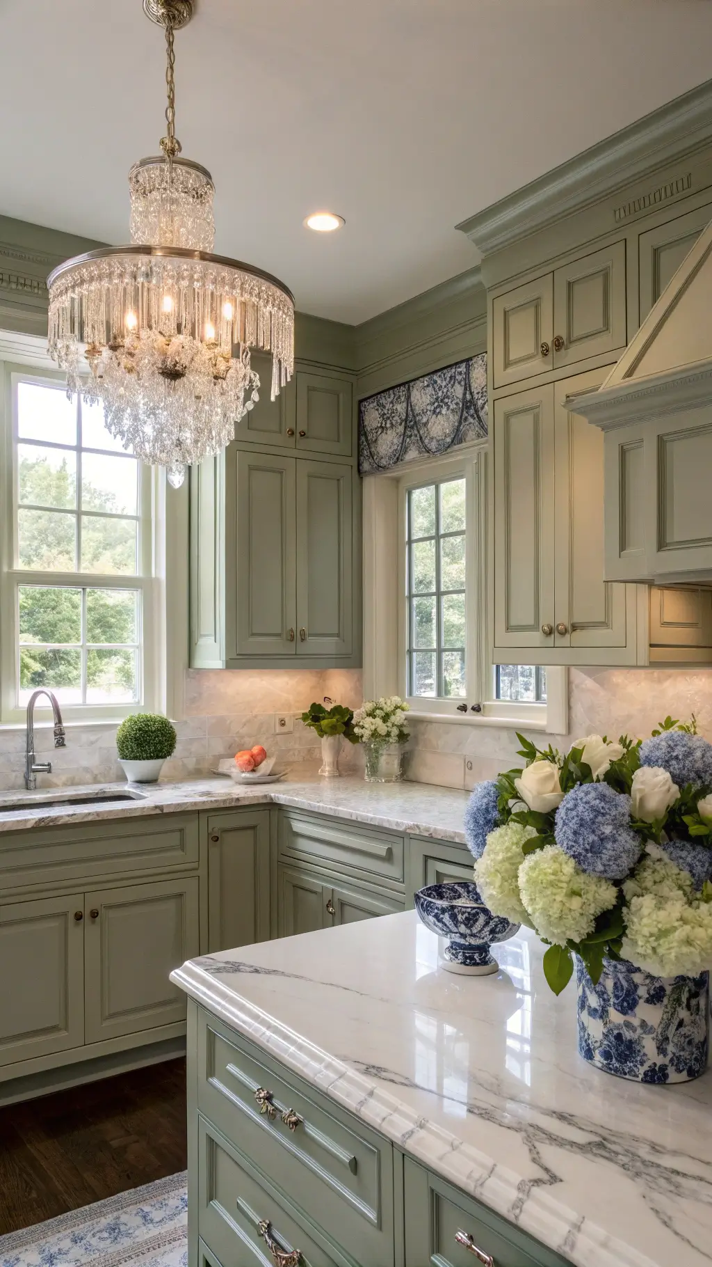 Classic kitchen with sage green cabinets, marble counters, and blue-and-white decorations, under the sparkle of a crystal chandelier