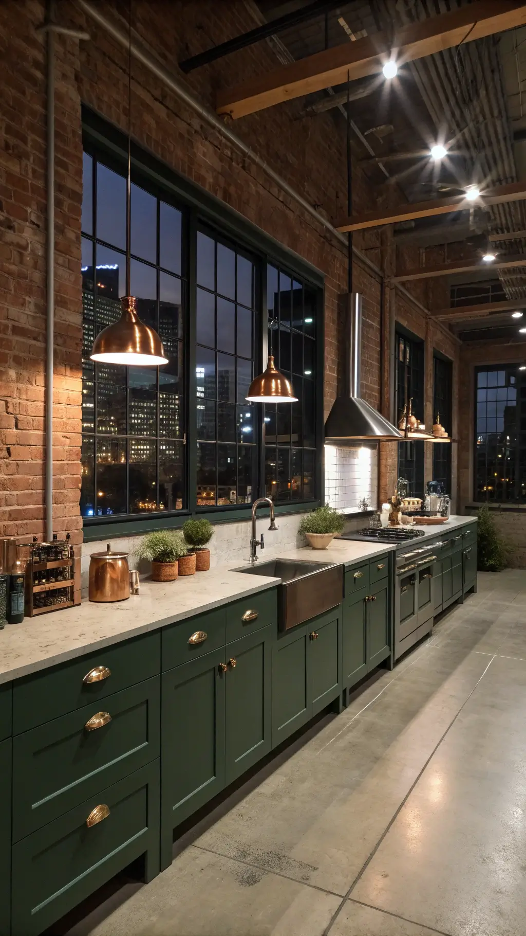 Evening view of an industrial-chic kitchen with forest green metal cabinets, exposed brick walls, polished concrete counters, copper cookware and modern lights, with city skyline visible through windows