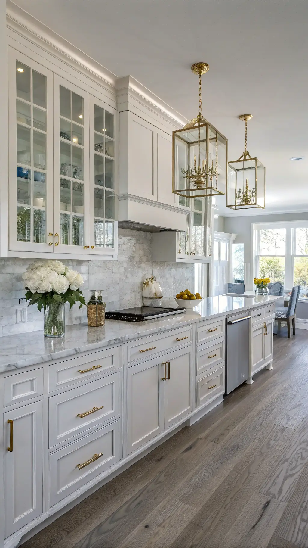 Bright and spacious transitional kitchen with white raised-panel cabinets, Calacatta marble counters, grey oak floors, and gold accents, styled with blue-and-white chinoiserie and fresh flowers.