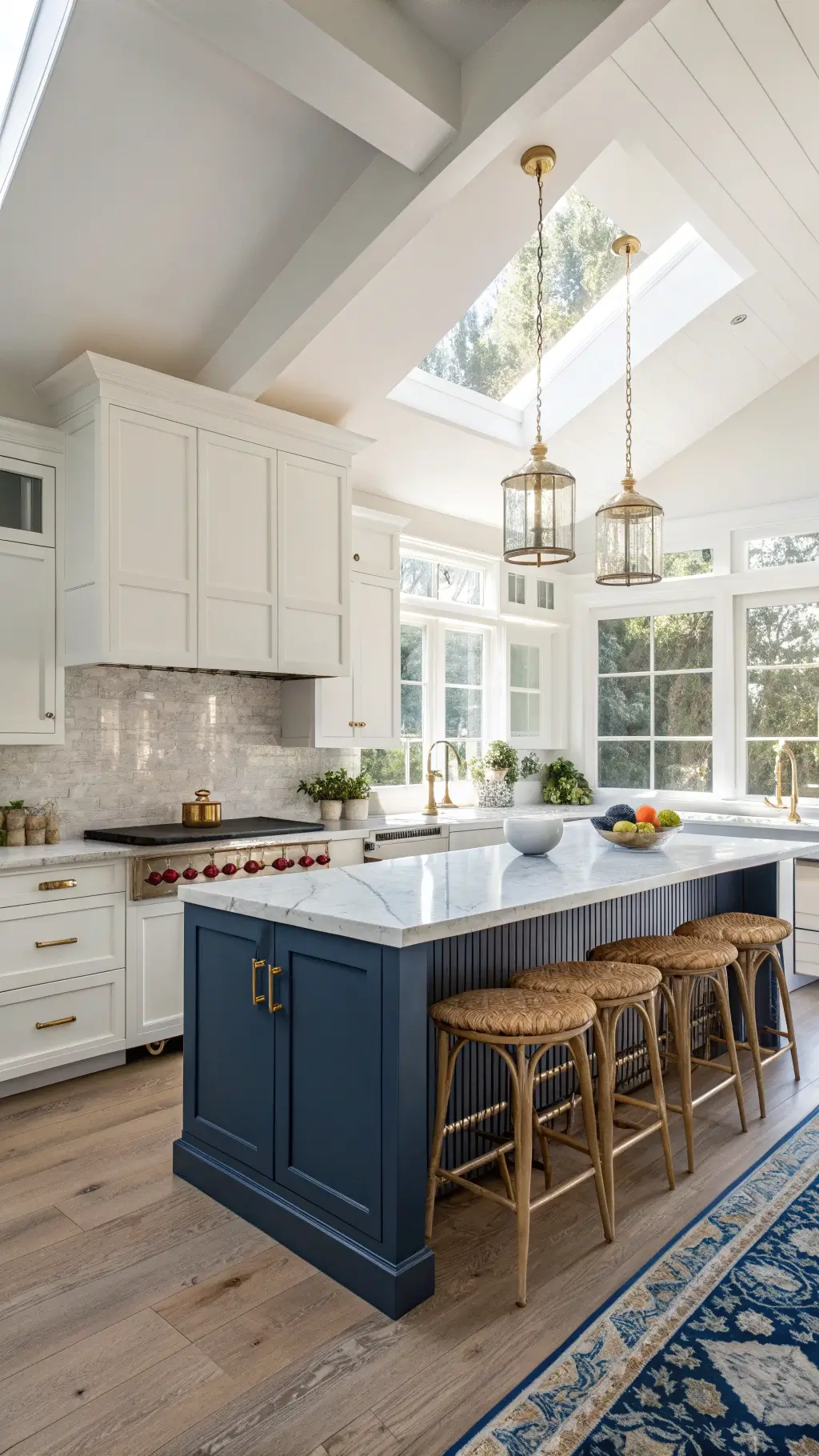 Sunny, spacious kitchen with blue cabinets, white upper cabinets, brass hardware, marble island, Zellige tile backsplash, ceramic vases with eucalyptus, woven barstools, and vintage copper pots