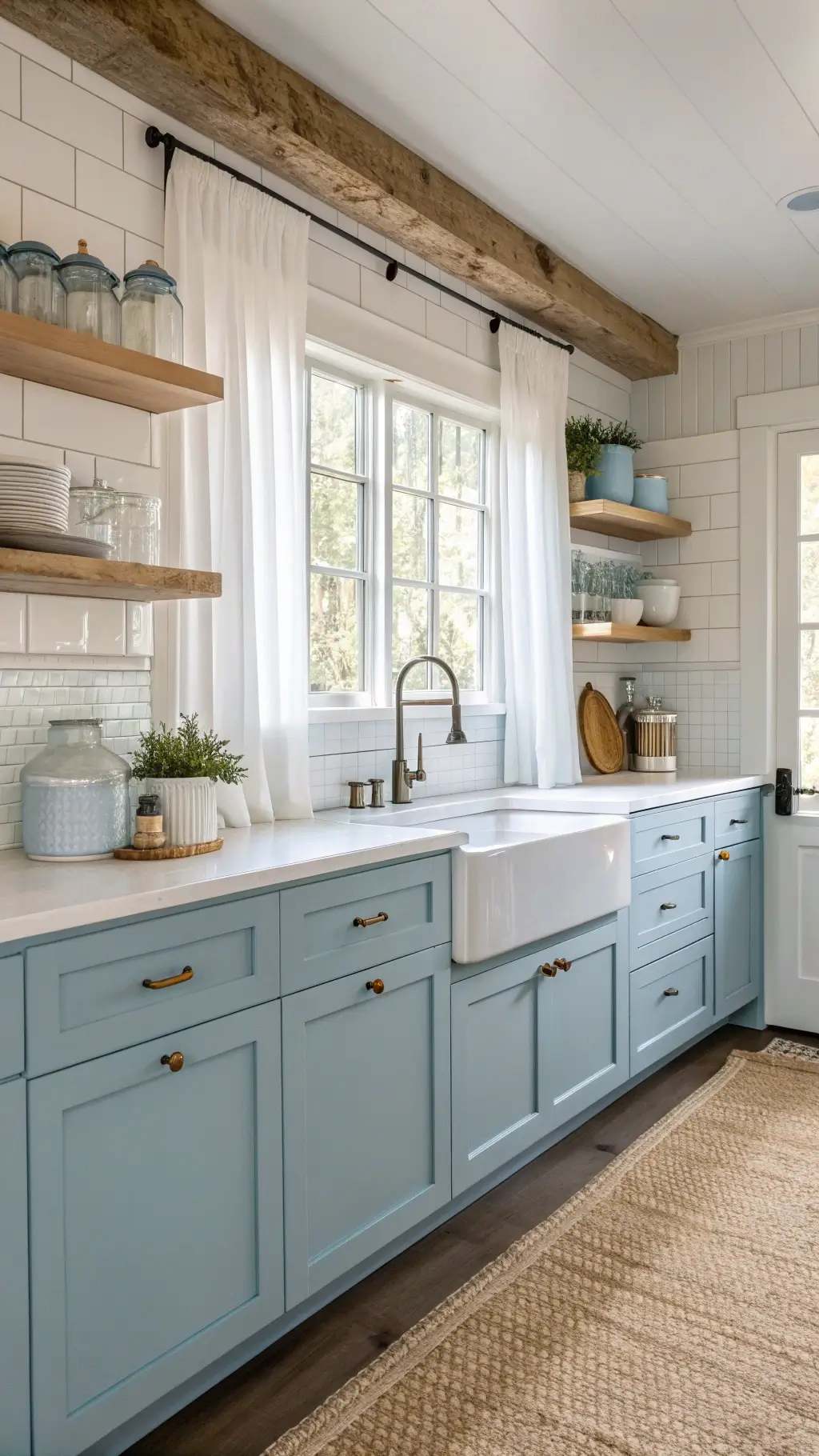 Spacious 14x16ft coastal-inspired kitchen with powder blue shaker cabinets, white quartz countertops, a large farmhouse sink beneath a window with linen café curtains, displayed under soft diffused lighting with a jute runner leading to white oak floating shelves dotted with blue and white ginger jars.