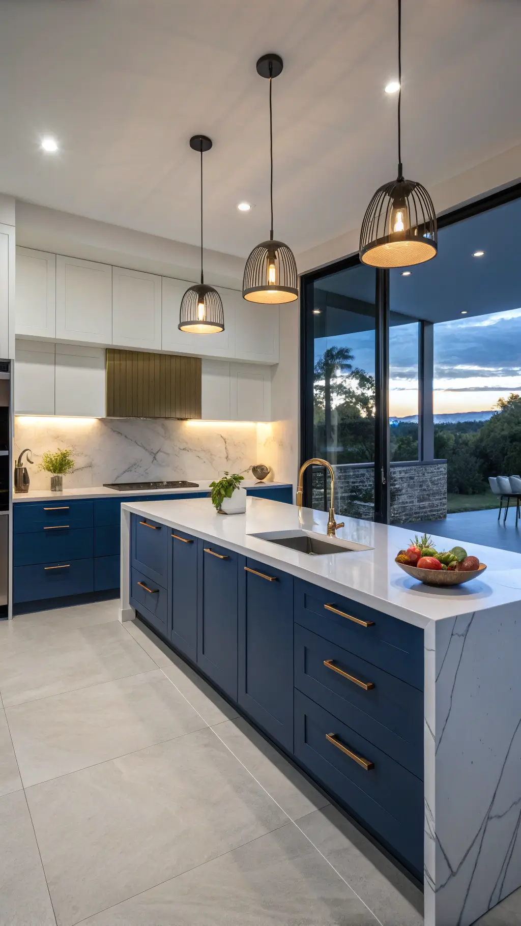 Modern minimalist 10x12ft kitchen with deep ocean blue and matte white two-tone cabinetry, warm pendant lighting over a waterfall island, styled with large white ceramic vessel and geometric brass fruit bowl.