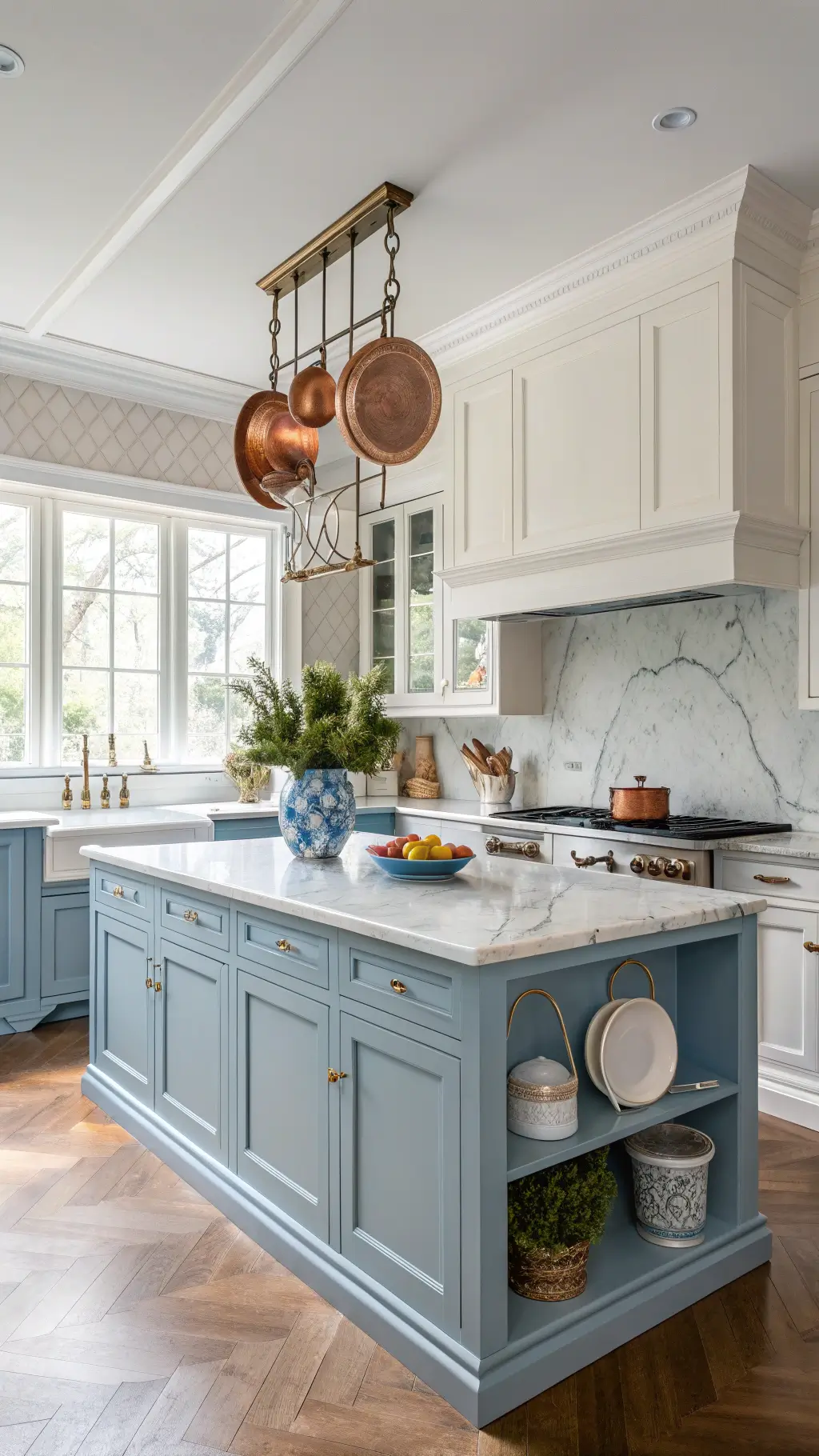 Transitional L-shaped kitchen with cornflower blue cabinets, white island, morning sunshine, and herringbone marble backsplash, copper pots, and hydrangeas in chinoiserie vase