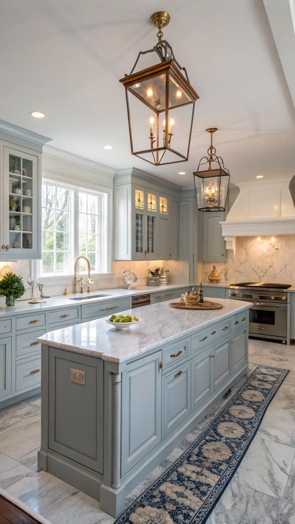 Modern colonial kitchen with pale blue-gray cabinets, white crown molding, marble countertops, brass lanterns, white porcelain collection and a blue vintage runner bathed in soft afternoon light.