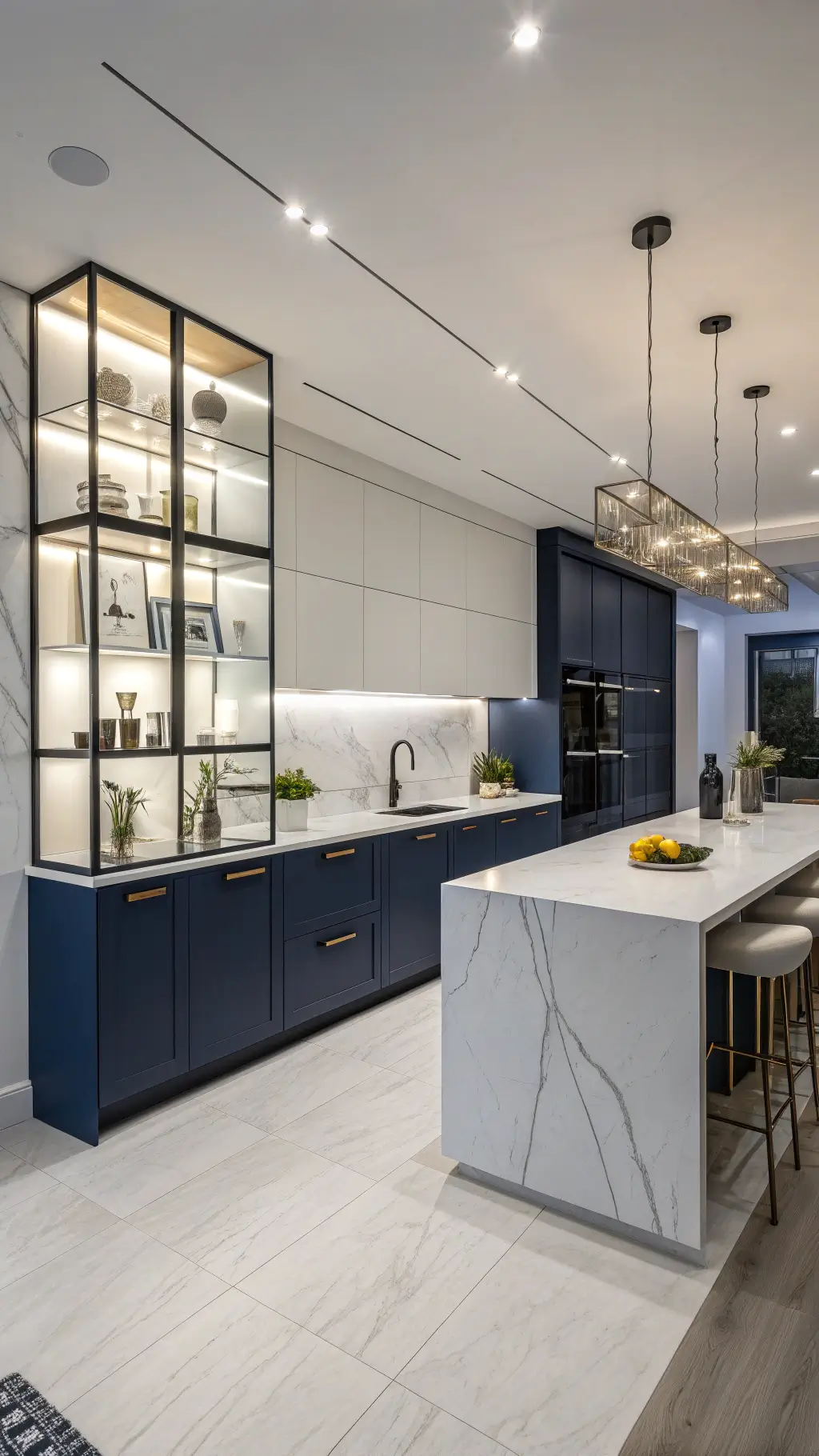 Twilight blue hour in an urban contemporary 11x13ft kitchen with navy-blue cabinets, white waterfall island, backlit floating shelves with art glass, seen from an elevated viewpoint, featuring minimal geometric and metallic accents, illuminated by dramatic overhead lighting.