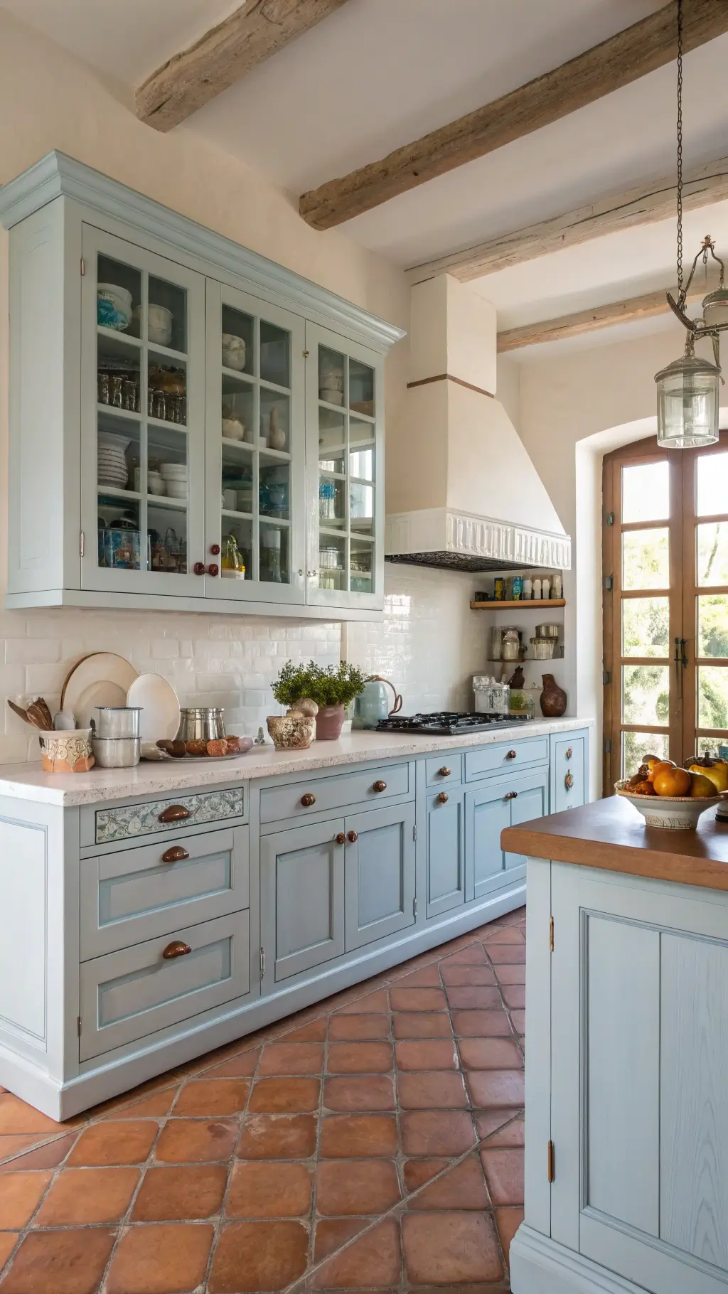 Mediterranean-style kitchen with pale blue lower cabinets, white upper cabinets with glass fronts, and terra cotta floor tiles in warm mid-morning light, styled with blue and white pottery and copper cookware.