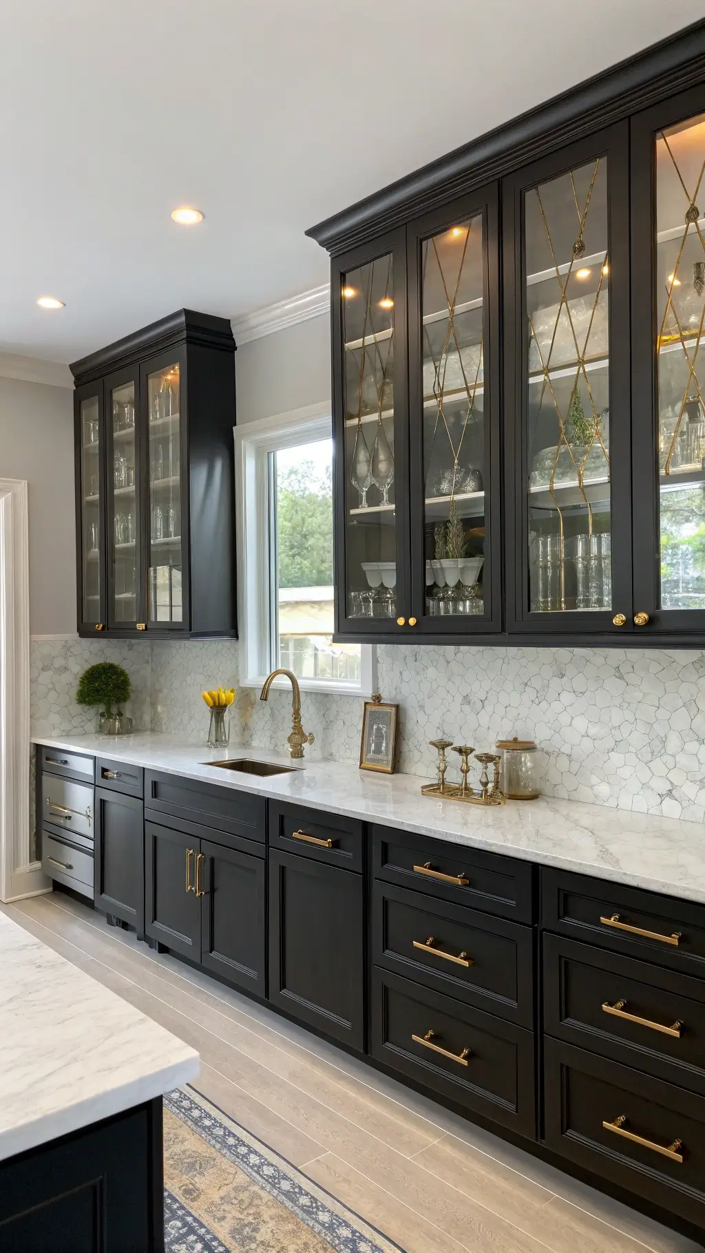 Aerial view of an airy 14x16ft transitional kitchen with black panel cabinets, glass uppers, white oak open shelving, champagne gold hardware, and mosaic marble backsplash at midday.