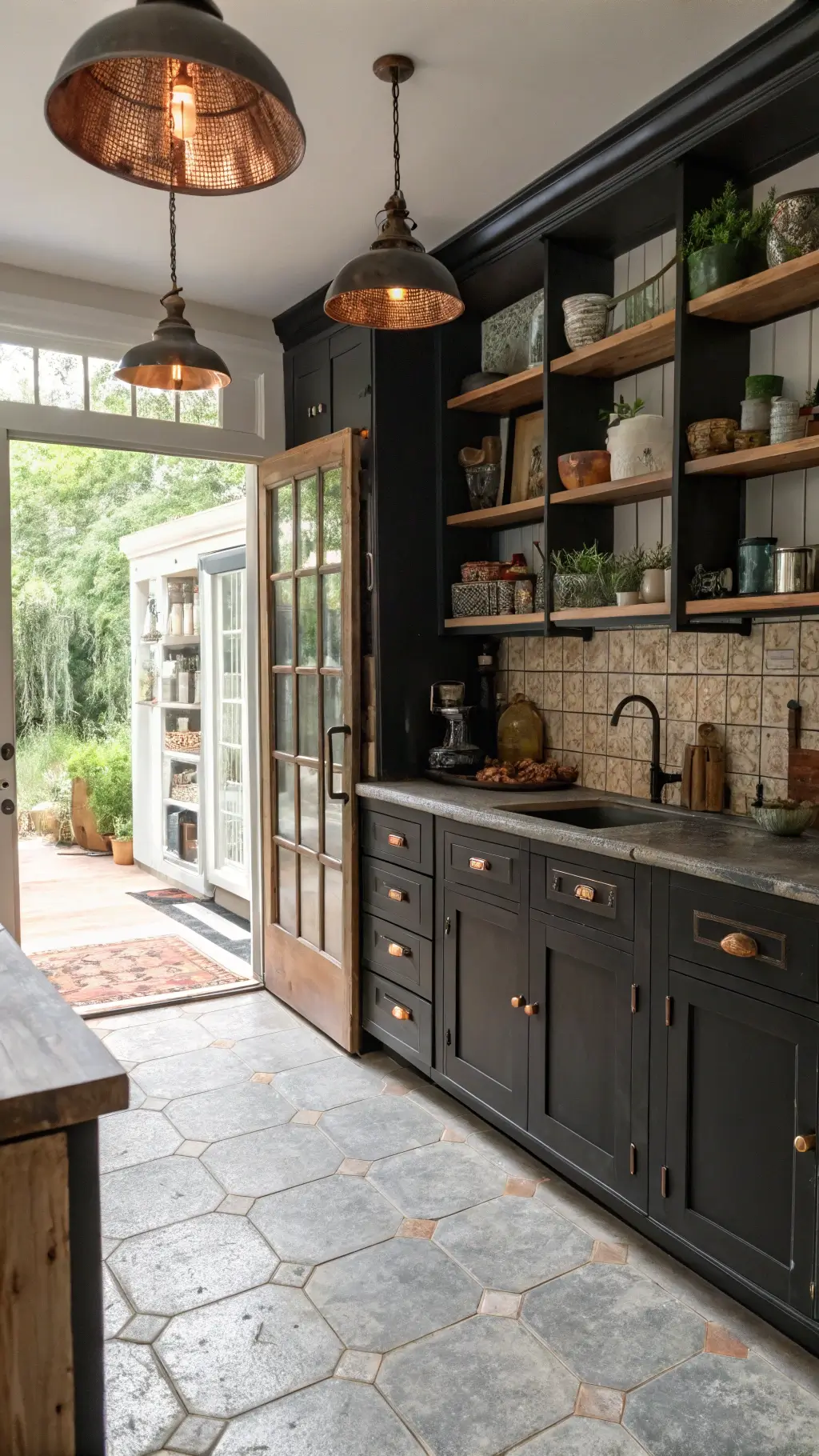 Vintage eclectic artist's kitchen with distressed black cabinets, salvage wood open shelves, cement tile flooring, and copper pendant lights.