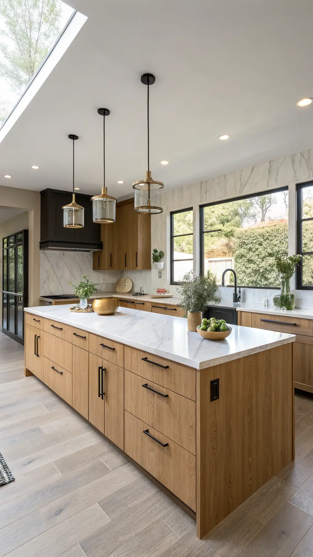 Sunlit modern oak kitchen with marble island, brass pendant lights, and white quartz countertops, staged with matte black ceramic vessels and fresh herbs in copper planters