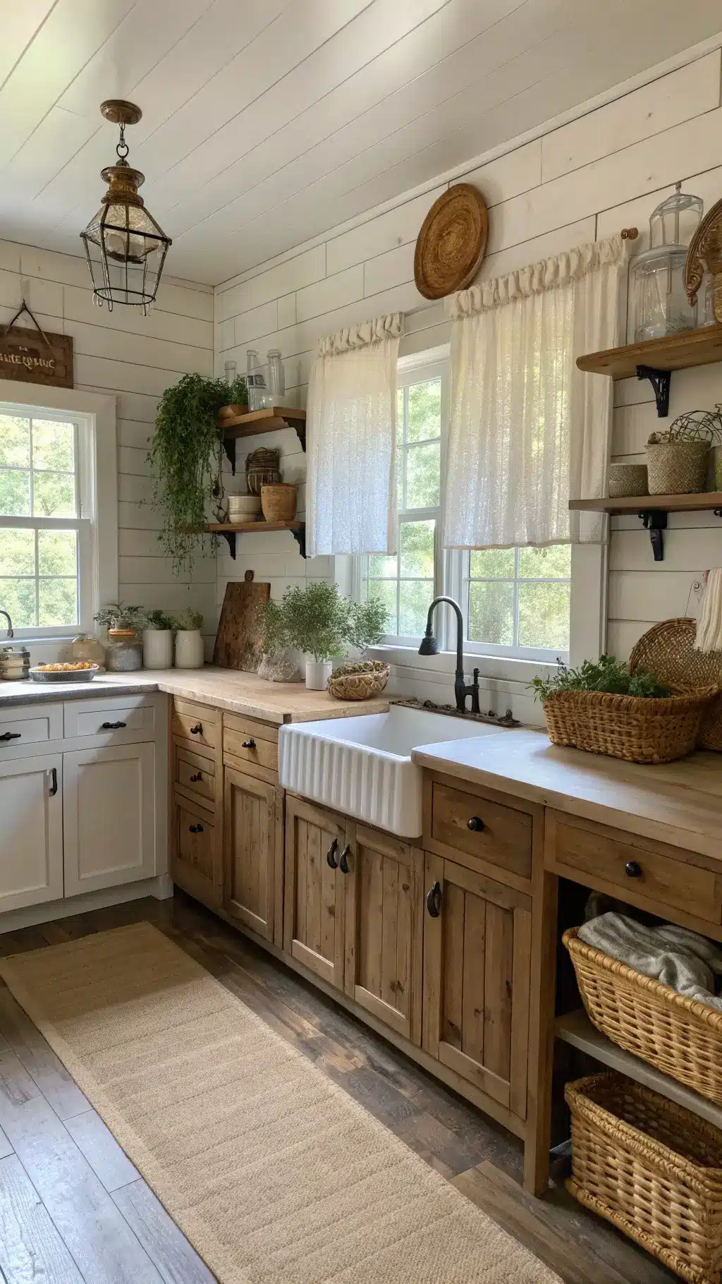 Cozy country kitchen in early morning light, showcasing weathered oak cabinets, white shiplap walls, antique farmhouse sink, and a butcher block island, embellished with woven baskets and dried herbs.
