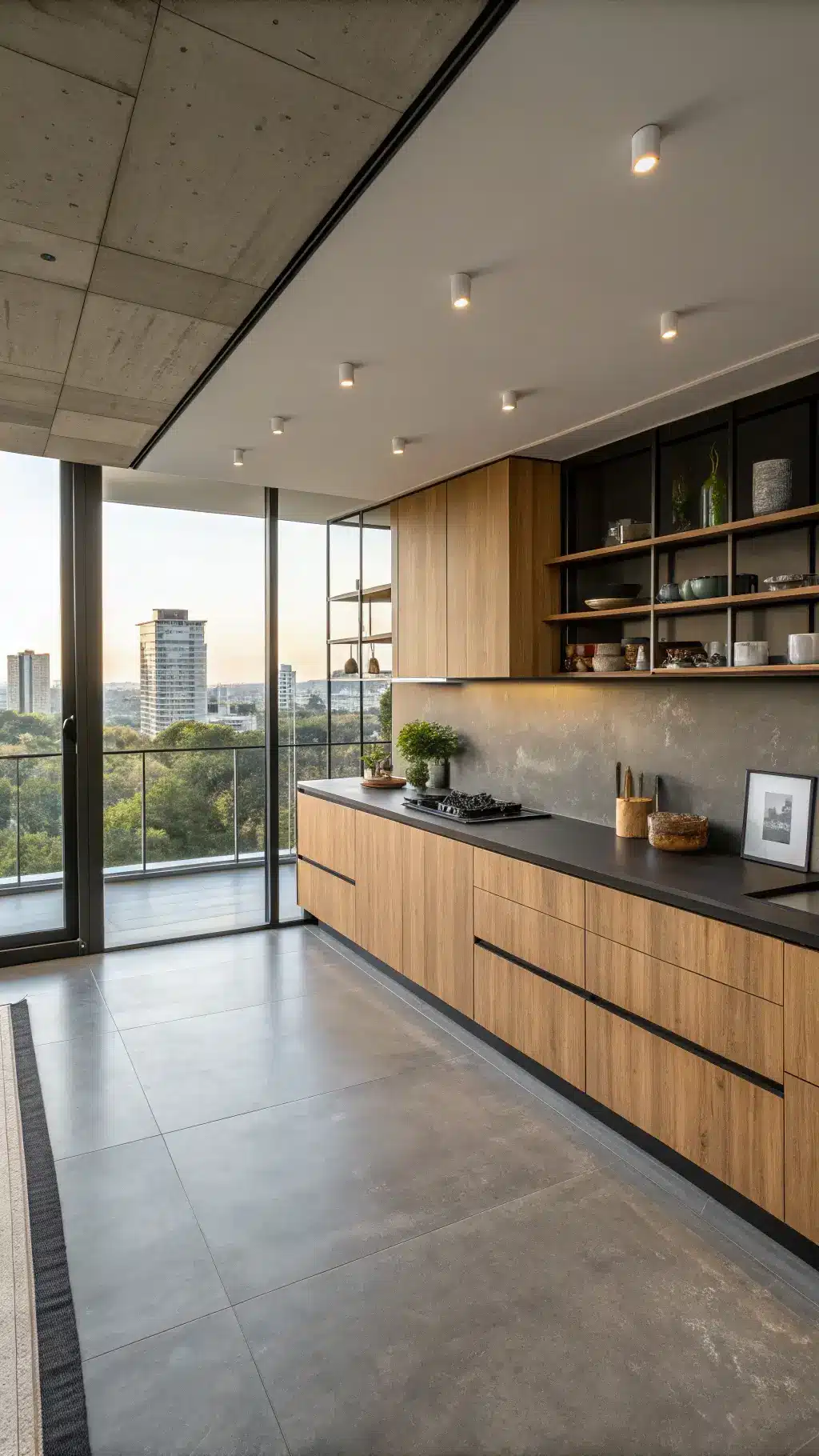 Sleek oak kitchen with integrated appliances, black stone countertops, steel shelves with minimalist ceramics, floor-to-ceiling windows with an urban view, shot in late afternoon with dramatic side lighting
