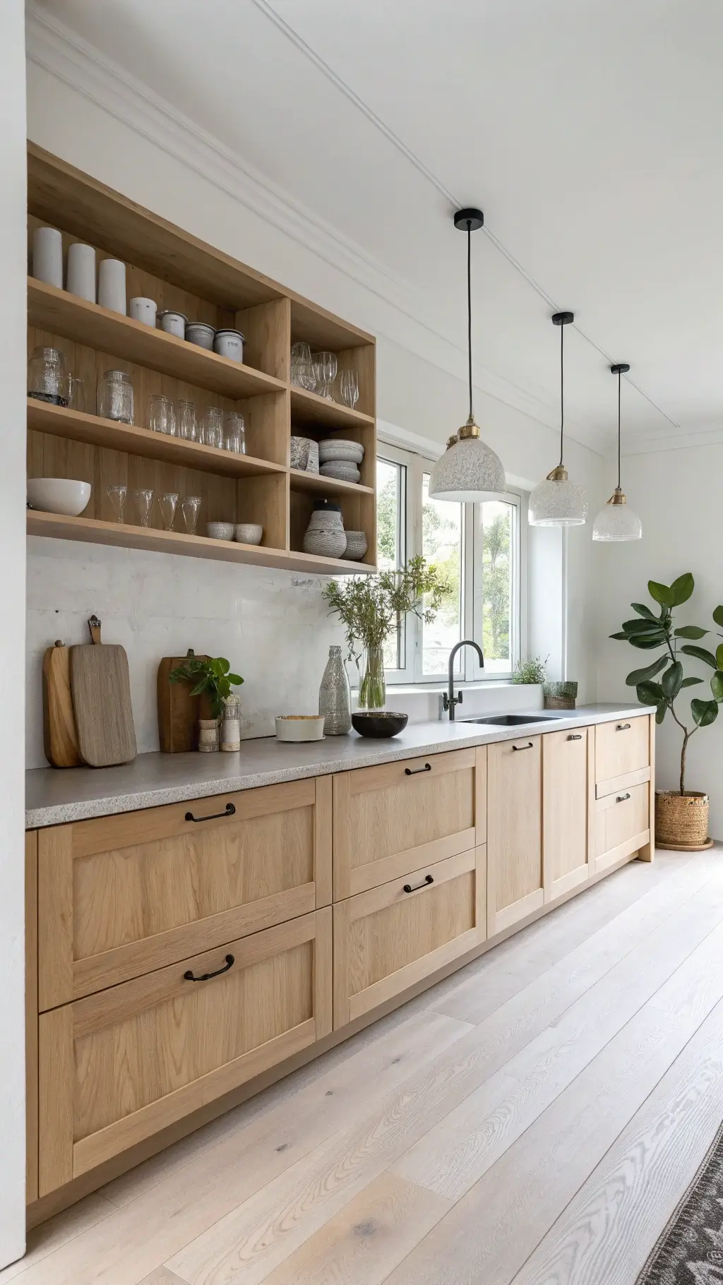 Nordic-inspired kitchen bathed in morning light, featuring blonde oak cabinets, white walls, pale wooden floors, open shelving with ceramics, concrete pendant lights, and a potted fiddle leaf fig.