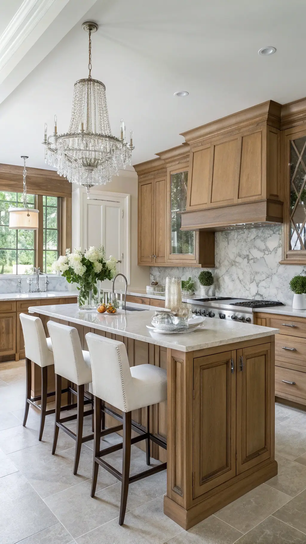 Elegant medium-tone oak kitchen with polished nickel hardware, marble backsplash, crystal chandelier, white upholstered barstools and fresh flowers in mercury glass vases, illuminated by natural light.