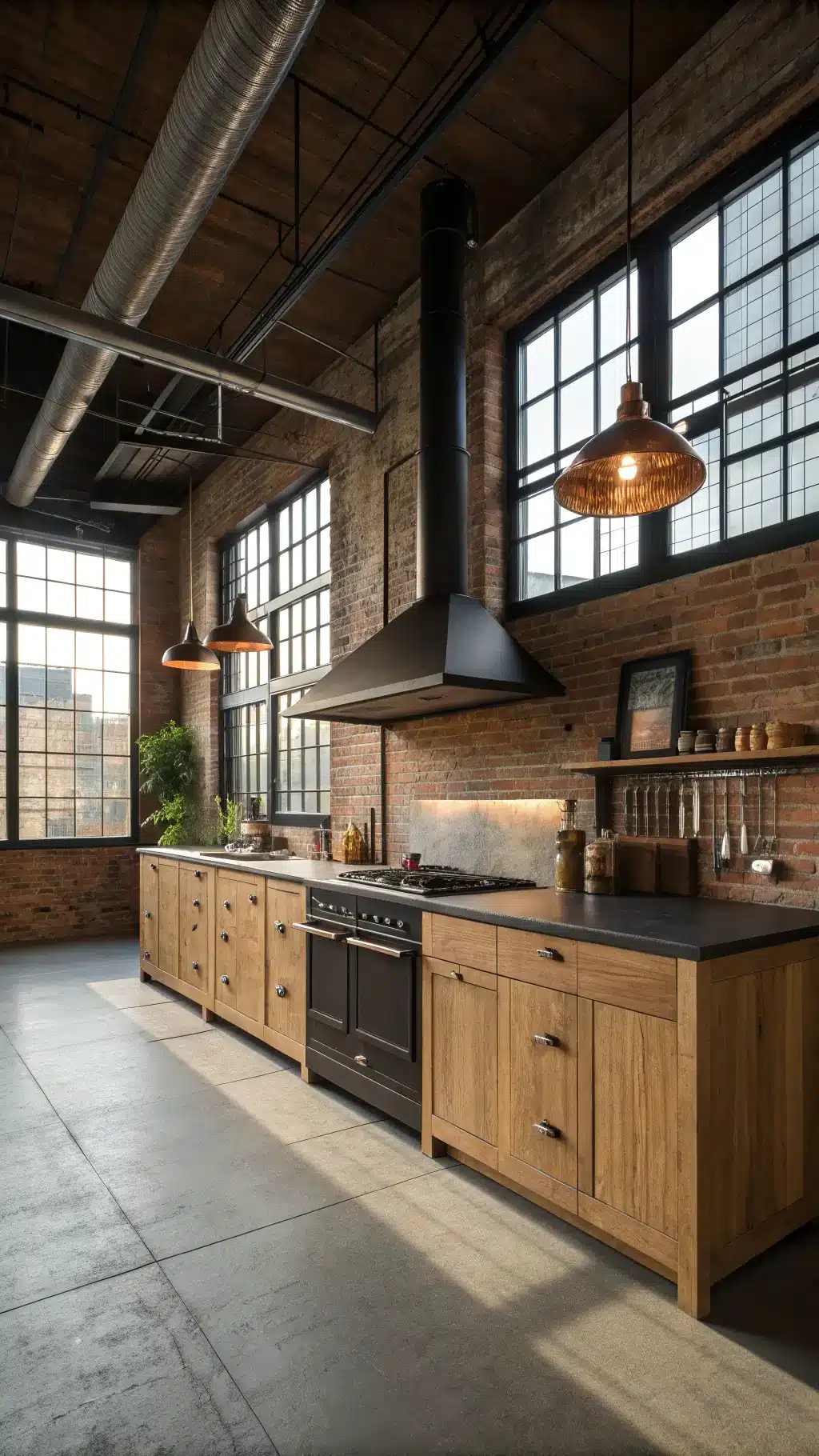 Low angle shot of a spacious 18x22ft industrial oak loft kitchen with blackened steel frame cabinets, commercial-style range with copper hood, exposed brick walls, visible metal ductwork, vintage pendants, and warm sunlight filtering through large factory windows creating dramatic shadows and highlights.