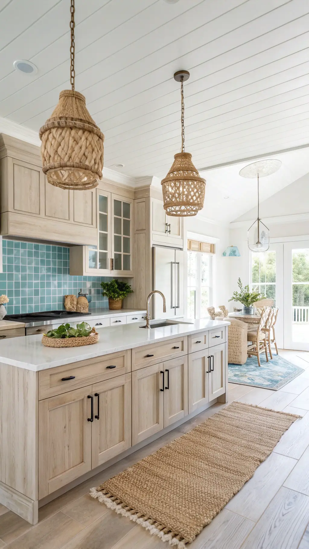 Morning light flooding a beach house kitchen with whitewashed oak cabinets, blue glass tile backsplash, rattan pendant lights, and a sisal rug under island. The image also features white stone counters and driftwood accents, presenting a fresh, beachy ambiance.
