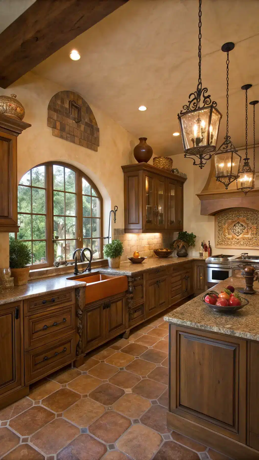 Mediterranean-style oak kitchen in a Tuscan villa during golden hour, featuring rich cabinets, ornate bronze hardware, terra-cotta floors, textured plaster walls, an arched window over a farmhouse sink, iron and glass pendant lights, plus ceramic urns and copper cookware on display.