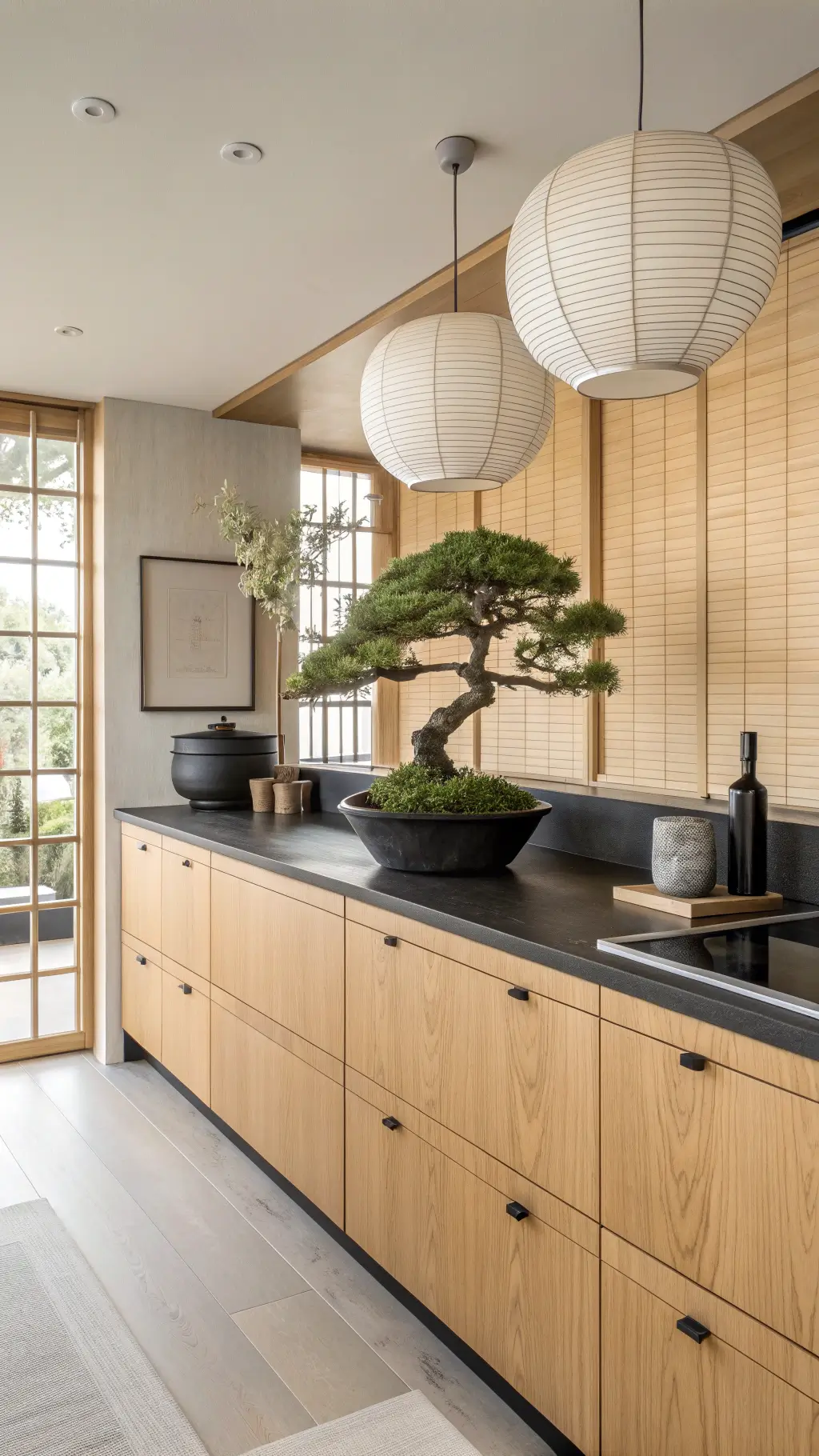 Minimalist 12x14ft Japanese Oak Zen kitchen with morning light illuminating quarter-sawn oak cabinets, black granite counters, bamboo blinds, ceramic vessels on floating shelf, paper lantern pendants, and a bonsai on the island, all creating a peaceful and meditative atmosphere.