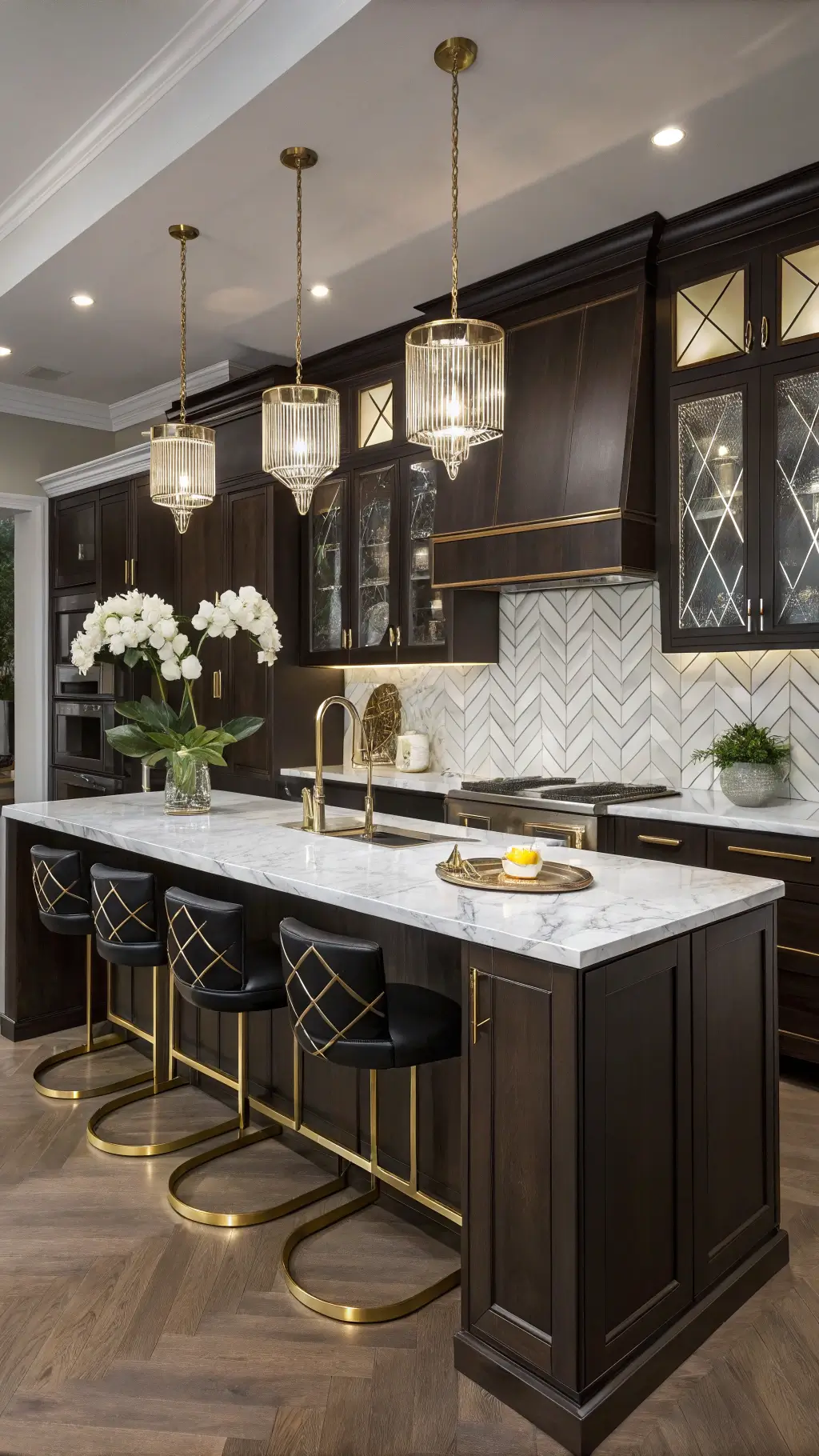 Luxurious, Art Deco-inspired 16x18ft kitchen with dark oak cabinets, brass handles, marble chevron backsplash, and mirrored accents, beautifully lit for evening drama