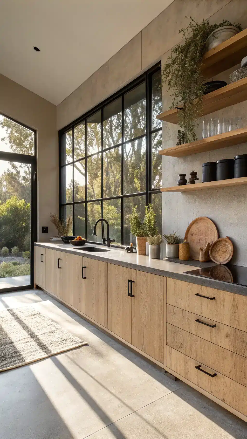 Contemporary 13x15ft kitchen with beige cabinets, black steel window frames, concrete countertops, and oak shelving filled with ceramics, featuring strong shadows from late afternoon light.