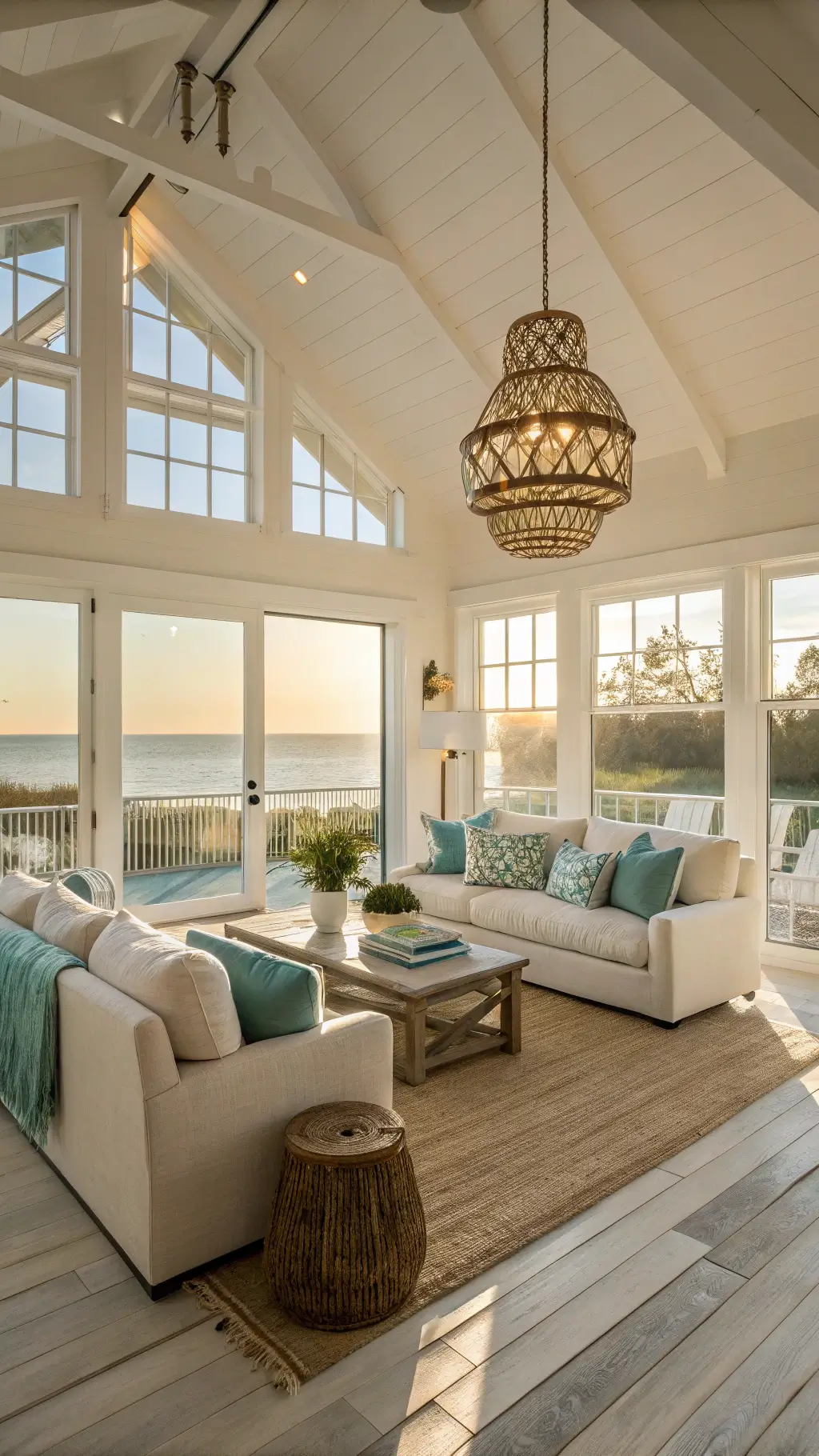 Sunlit coastal living room with plush cream sofa, jute and wool rugs, and driftwood coffee table in late afternoon golden hour light.