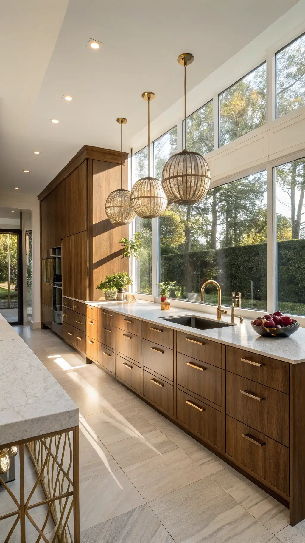 Modern kitchen bathed in golden light, featuring walnut cabinets with brass hardware, a central island under pendant lights, and a potted monstera plant next to a built-in wine rack.