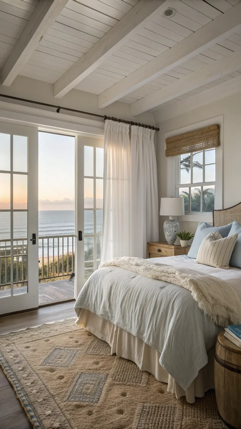 Coastal master suite with French doors, white upholstered bed with beige and blue linen bedding, weathered oak nightstands with ceramic lamps, illuminated by early morning light filtering through gauzy curtains.