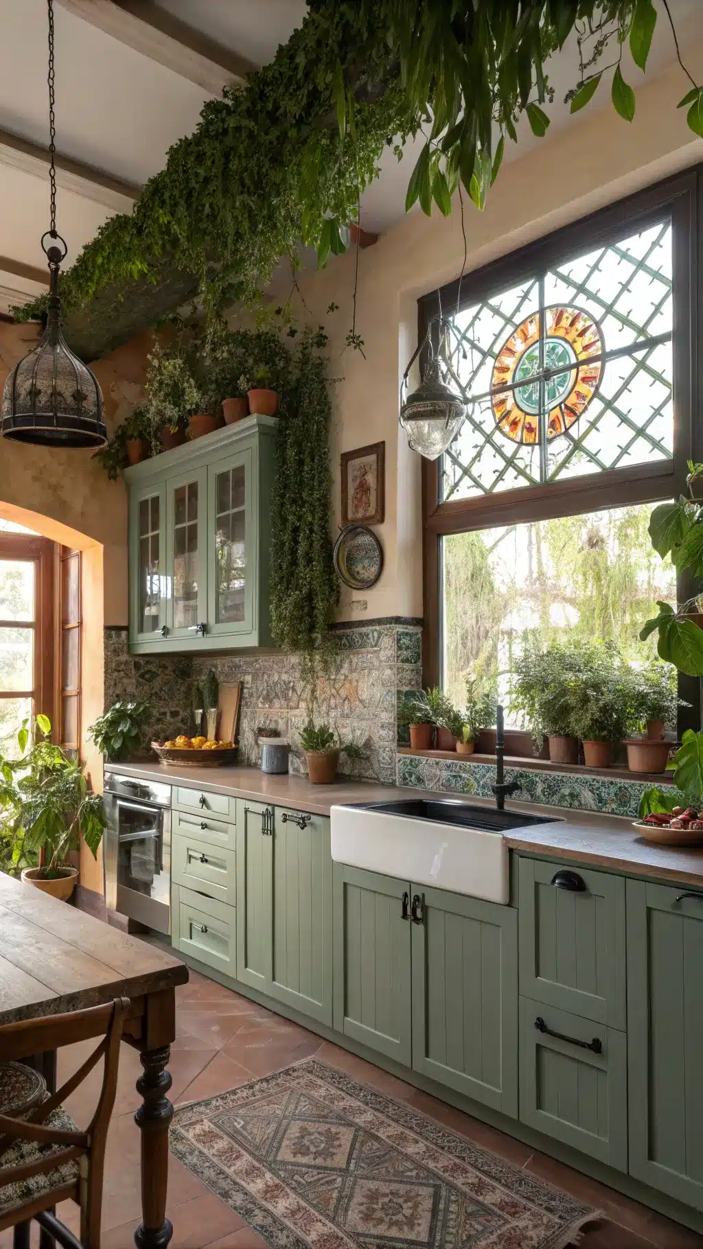 Eclectic Bohemian style kitchen with sage cabinets, living wall features, reclaimed wood island, Moroccan tile backsplash, vintage hardware, hanging plants, global artifacts, and afternoon light filtering through stained glass window.