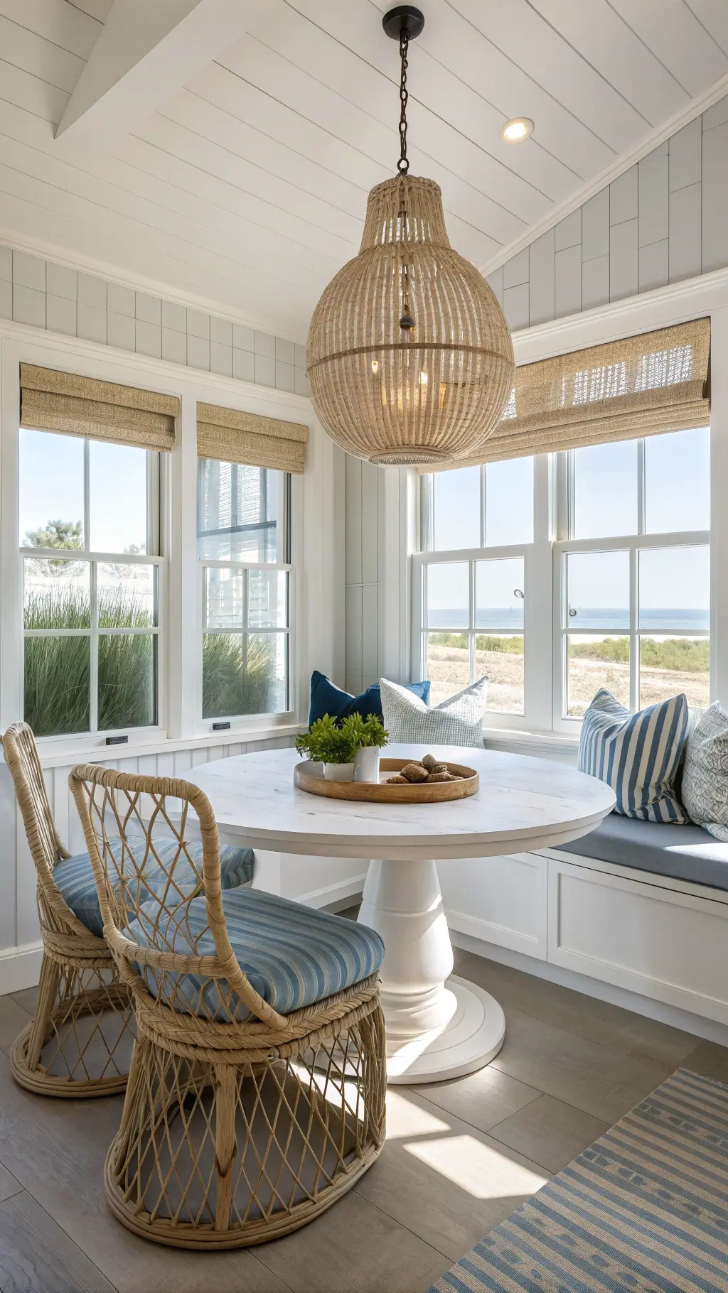 Coastal kitchen nook bathed in indirect light, showcasing a white round table, rope chairs, blue-grey window seat cushions, striped pillows, and a hanging pendant, accentuating vertical lines and natural textures on shiplap walls, shot at f/5.6.
