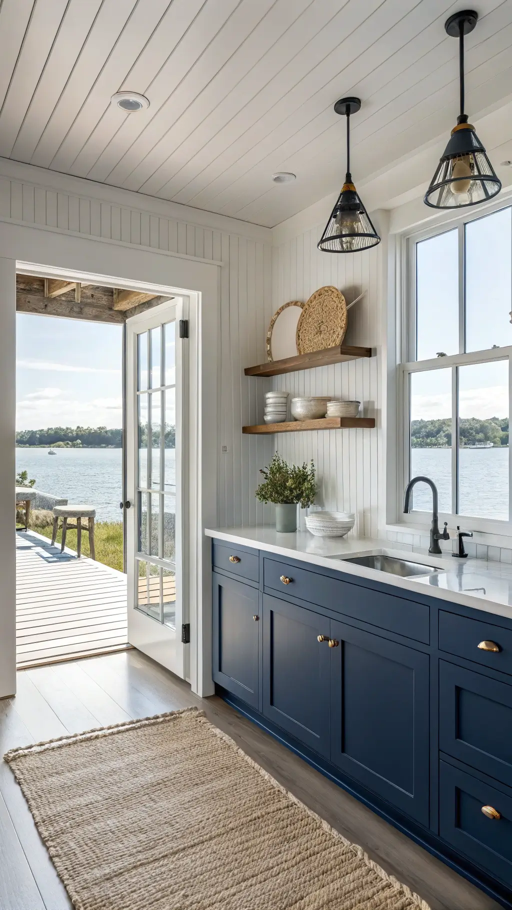 Coastal casual kitchen with navy blue cabinets, white quartz counters, rattan pendant lights, and a view of the water through a wall of windows