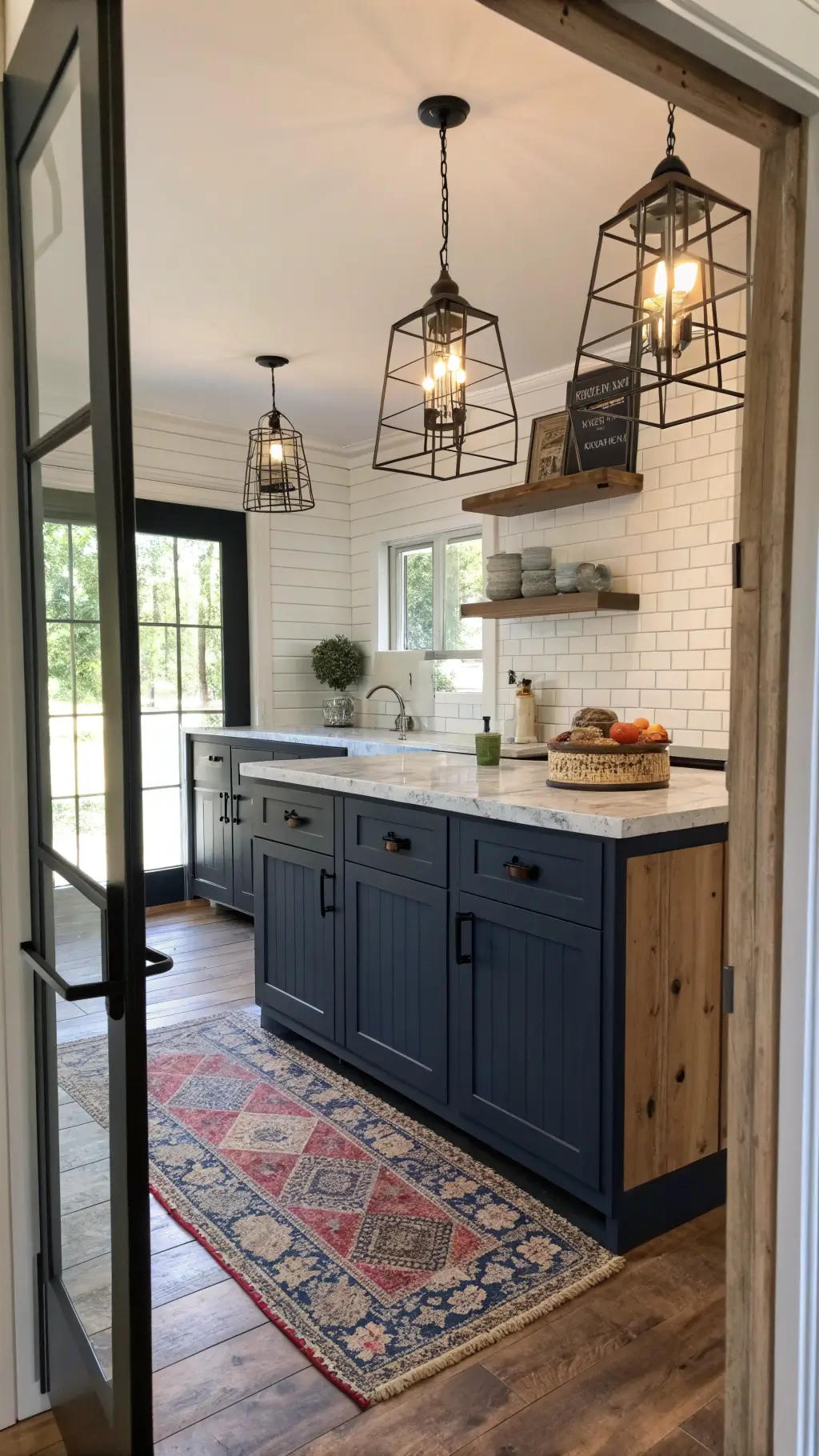 Modern farmhouse kitchen featuring navy blue shiplap cabinets, reclaimed wood island with zinc top, white brick backsplash and industrial pendant lights, with a vintage rug adding colour.