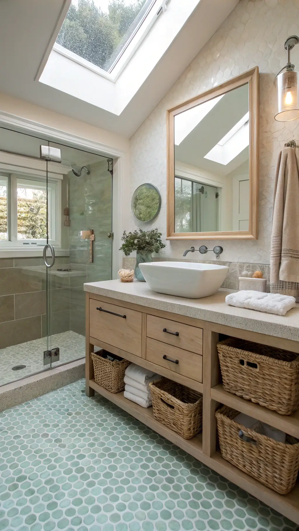 Morning sun lighting the interior of a beach-themed bathroom with skylight, glass shower, green penny tile floors, bleached oak vanity, beige vessel sink, linen baskets, and capiz shell mirror
