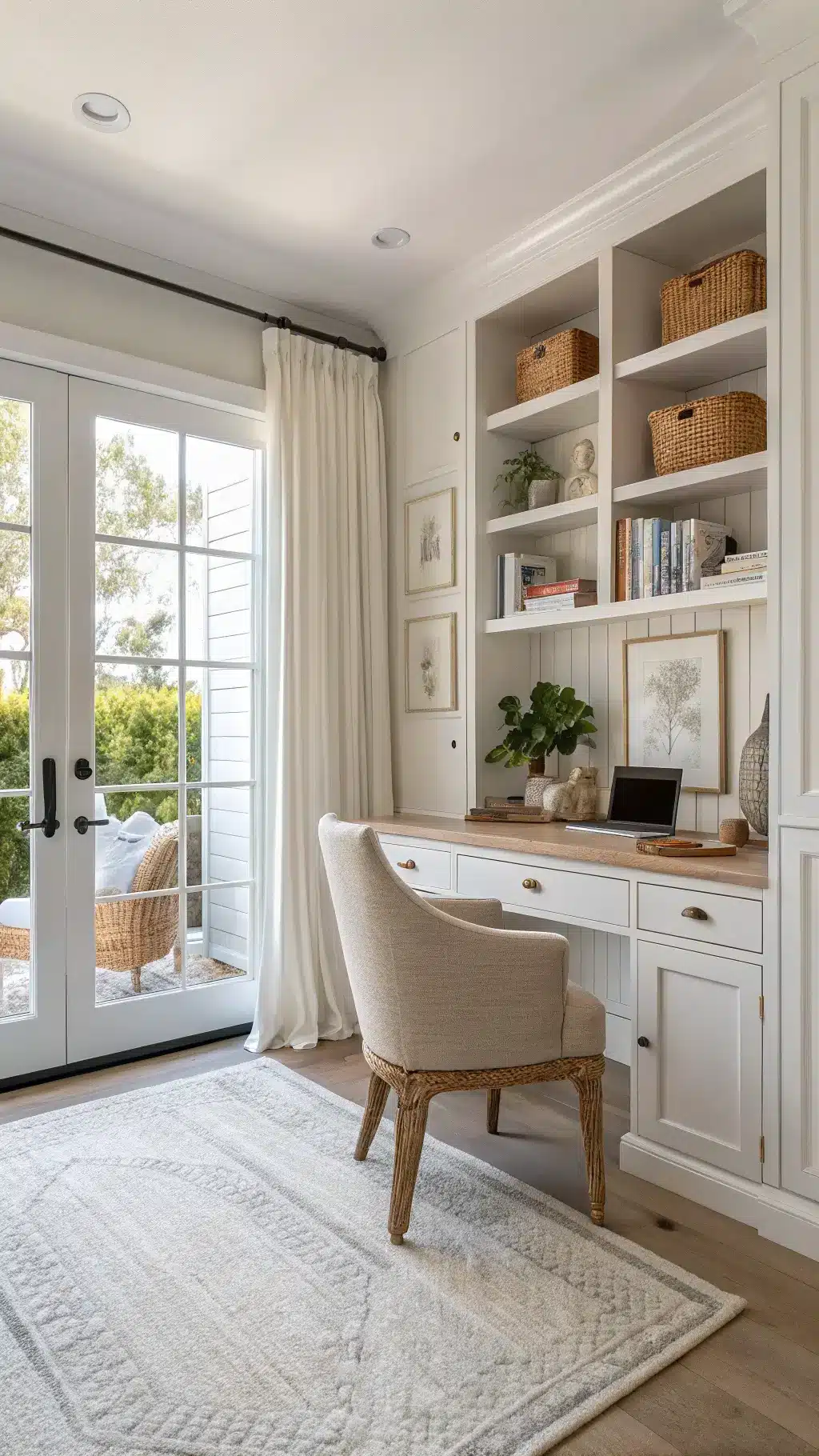 Late morning view of a serene coastal home office with floor-to-ceiling built-ins, a large window with semi-sheer linen drapes, a bleached oak desk with a natural linen chair and shelves with coral decorations and weathered books.