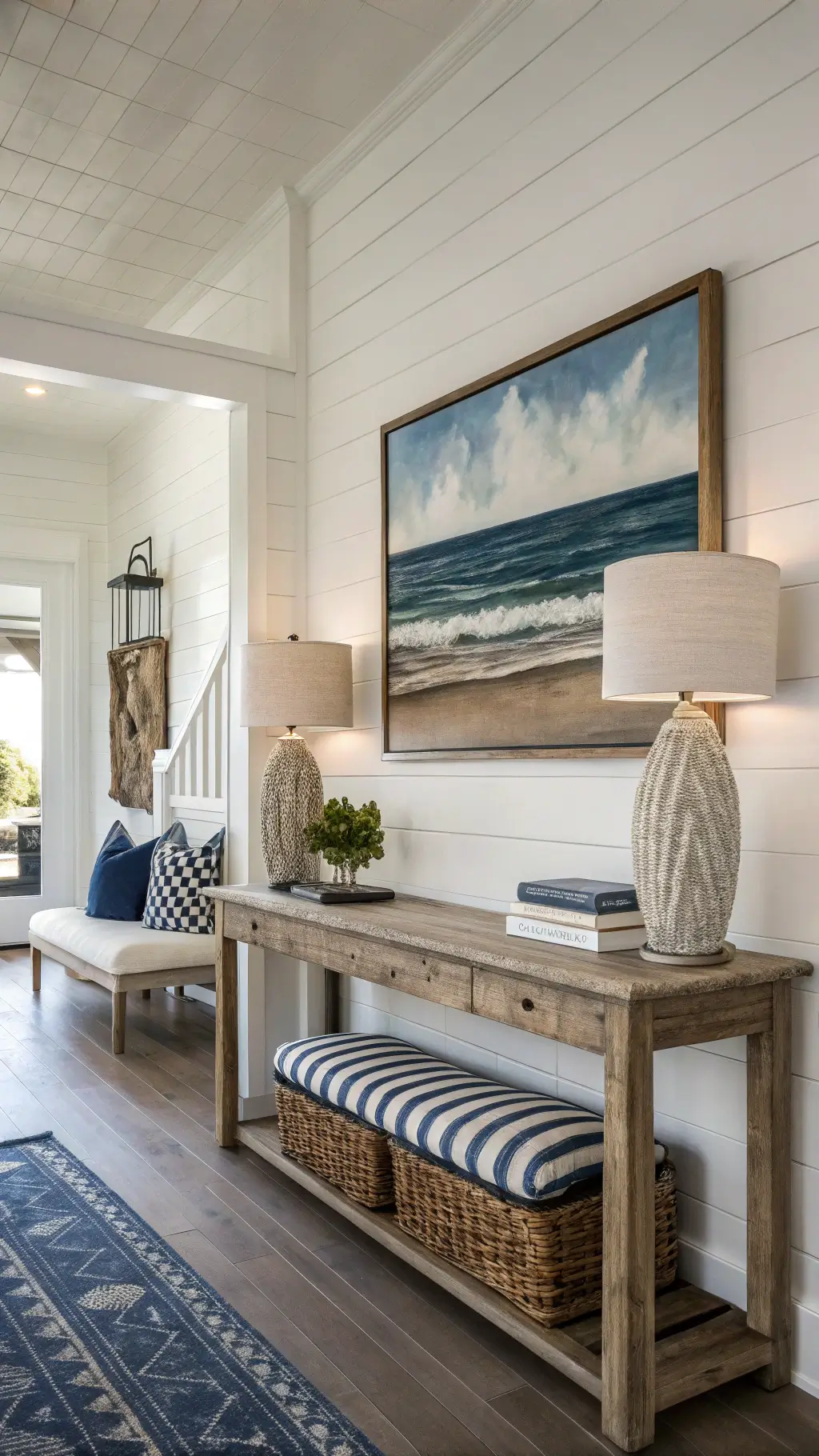 A bright 8'x10' seaside entryway featuring a weathered teak console, large seascape artwork on a white shiplap wall, and a striped navy and white cushion on a woven bench, illuminated by strong natural light and a ceramic table lamp with a textured shade.