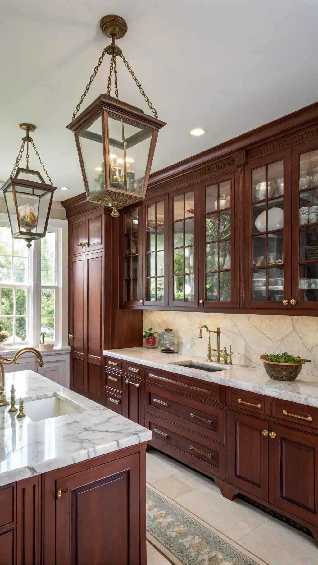 Traditional kitchen with cherry cabinets, leaded glass fronts, marble counters, farmhouse sink, and brass lantern pendants, highlighting its historical charm.