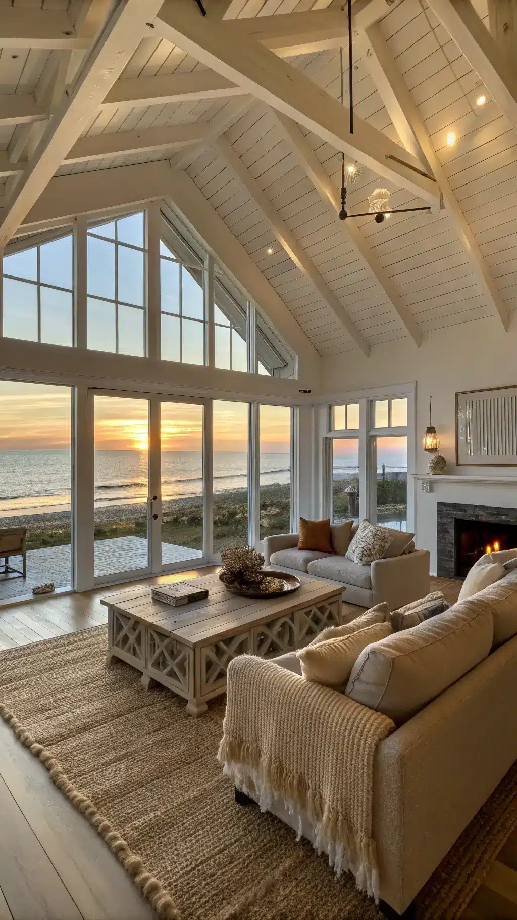 Coastal living room with cathedral ceiling, exposed whitewashed beams, natural linen sofas and driftwood coffee table, overlooking the ocean through floor-to-ceiling windows during golden hour