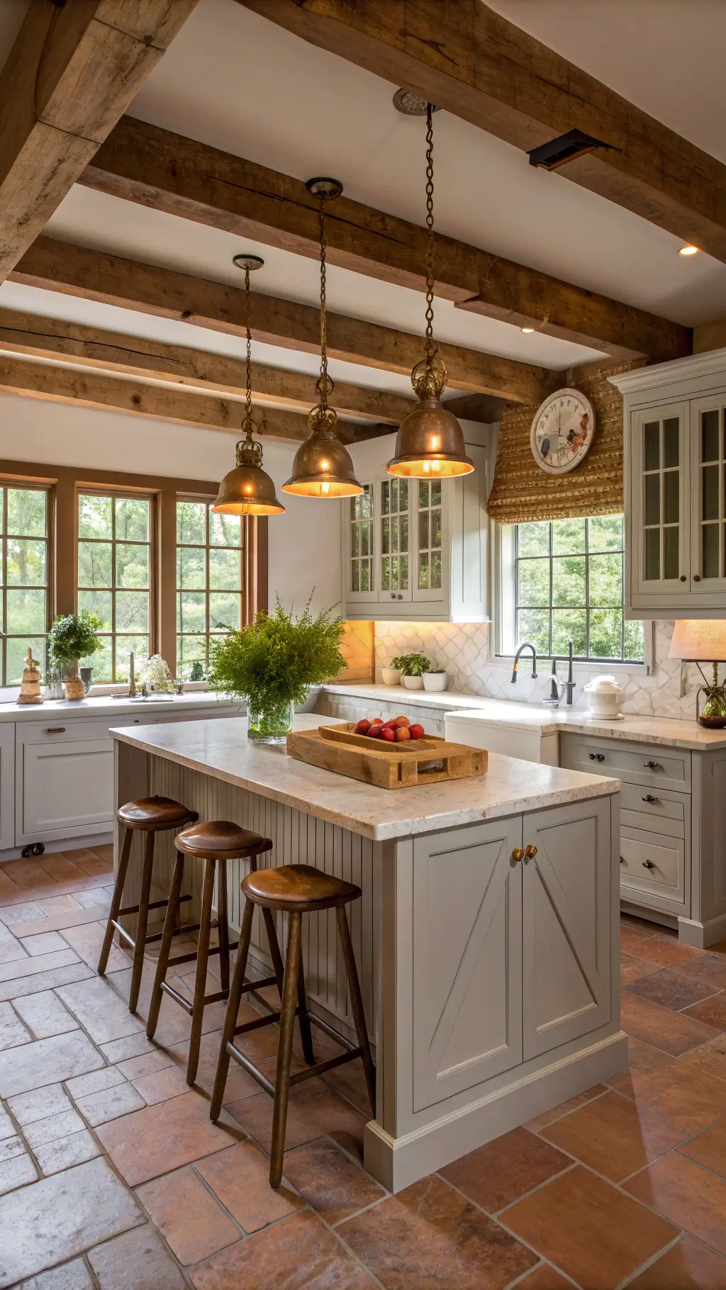 Large, open-concept farmhouse fusion kitchen featuring exposed wooden beams, light grey cabinets with brass pulls, a butcher block island with vintage stools, marble counters, a white apron sink, and window herb garden, with golden hour light pouring in through French doors and illuminating terracotta floor tiles and woven pendant lights.