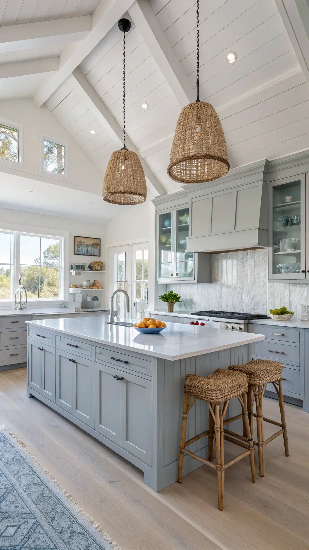 Light-filled coastal kitchen with a vaulted ceiling, light grey cabinets, blue-grey island, rattan pendant lights, woven bar stools, white quartz counters, and coastal decor featuring a seaside view.