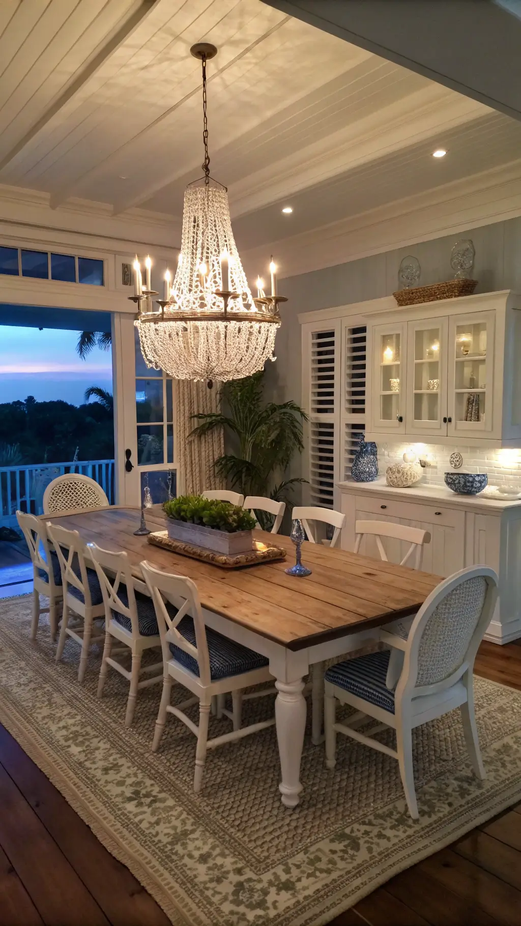 Elegant beachy dining room at dusk with crystal chandelier, weathered oak table, white Windsor-style chairs, and a sideboard displaying blue and white chinoiserie, shot from the corner under a mix of natural and artificial light