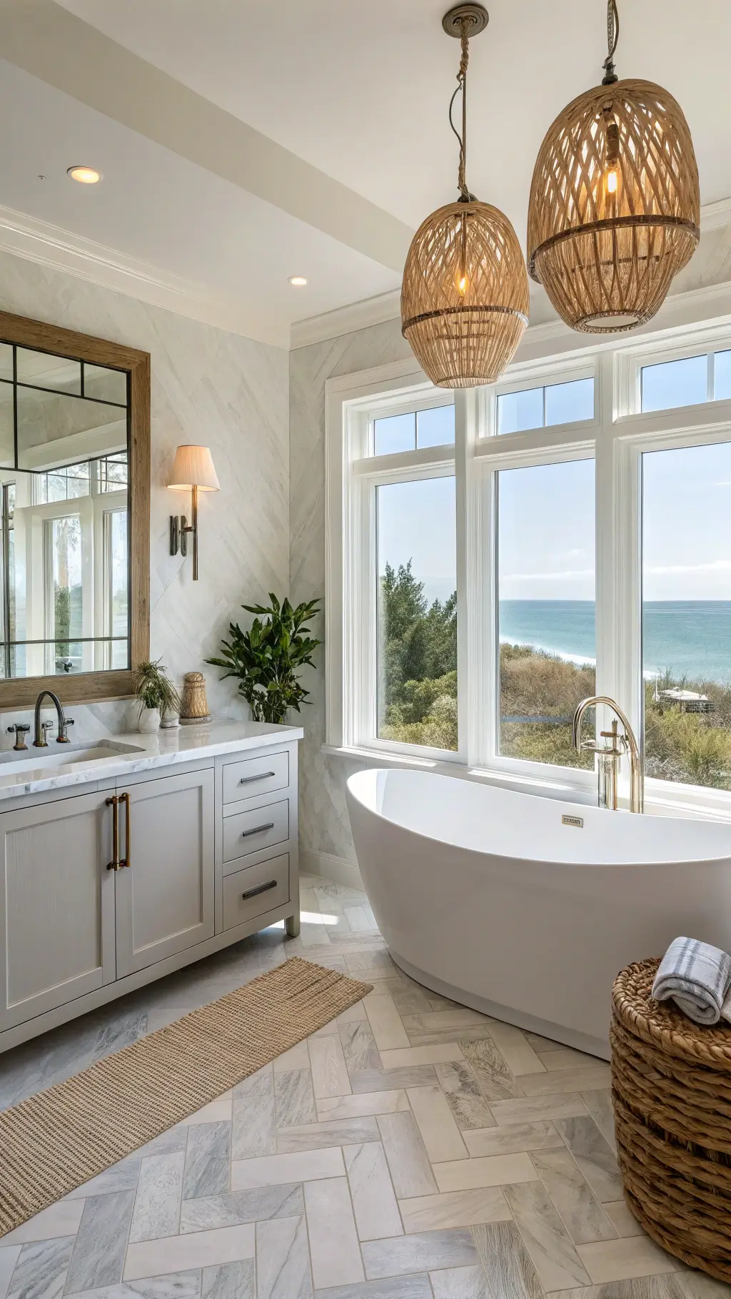 Luxurious coastal-style bathroom with freestanding tub beneath a picture window, pale grey double vanity, marble herringbone floor, and organic accessories in driftwood and sea glass.